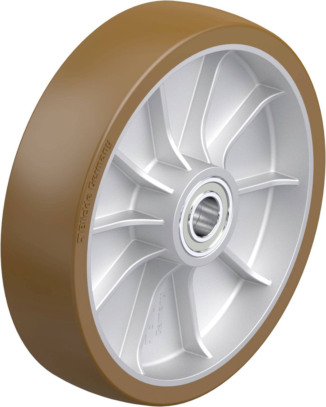 Ein einzelnes Rad mit silberner Felge und braunem Gummireifen. Geeignet für mechanische Anwendungen oder Transportgeräte.