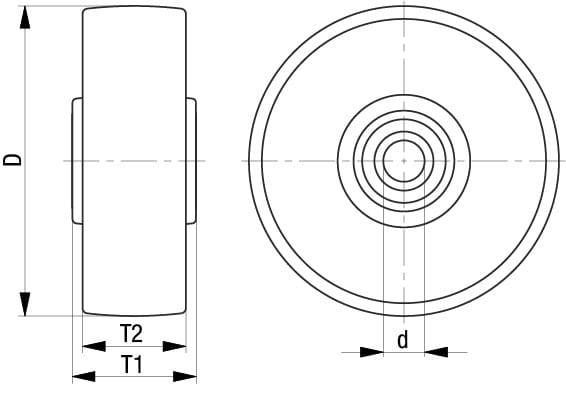 Technische Zeichnung eines Lagers: Ansicht von Seite und oben. Maße D, T1, T2, d sind markiert.