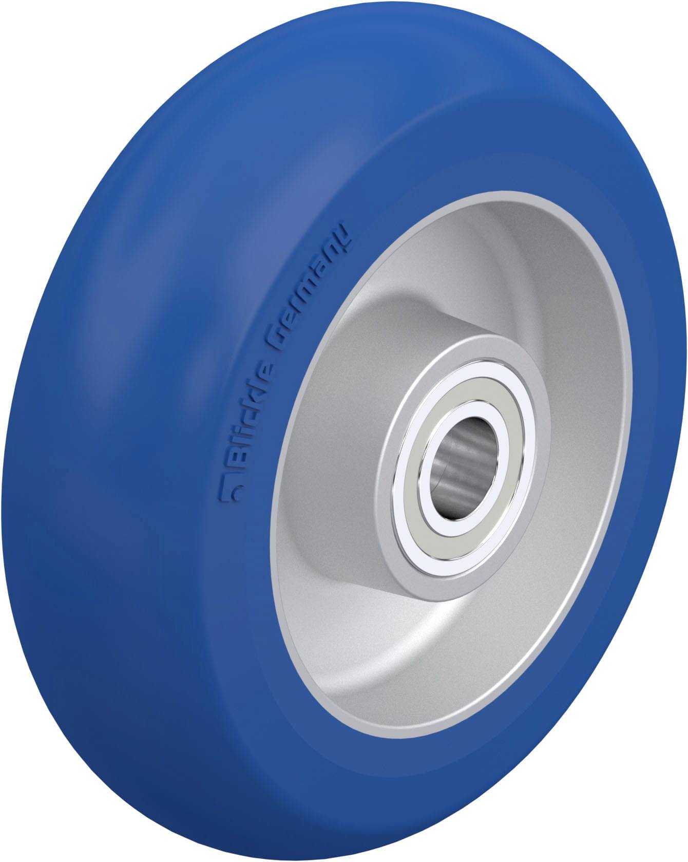Blaues Rad mit silbernem Mittelteil und Kugellager, geeignet für industrielle Anwendungen.