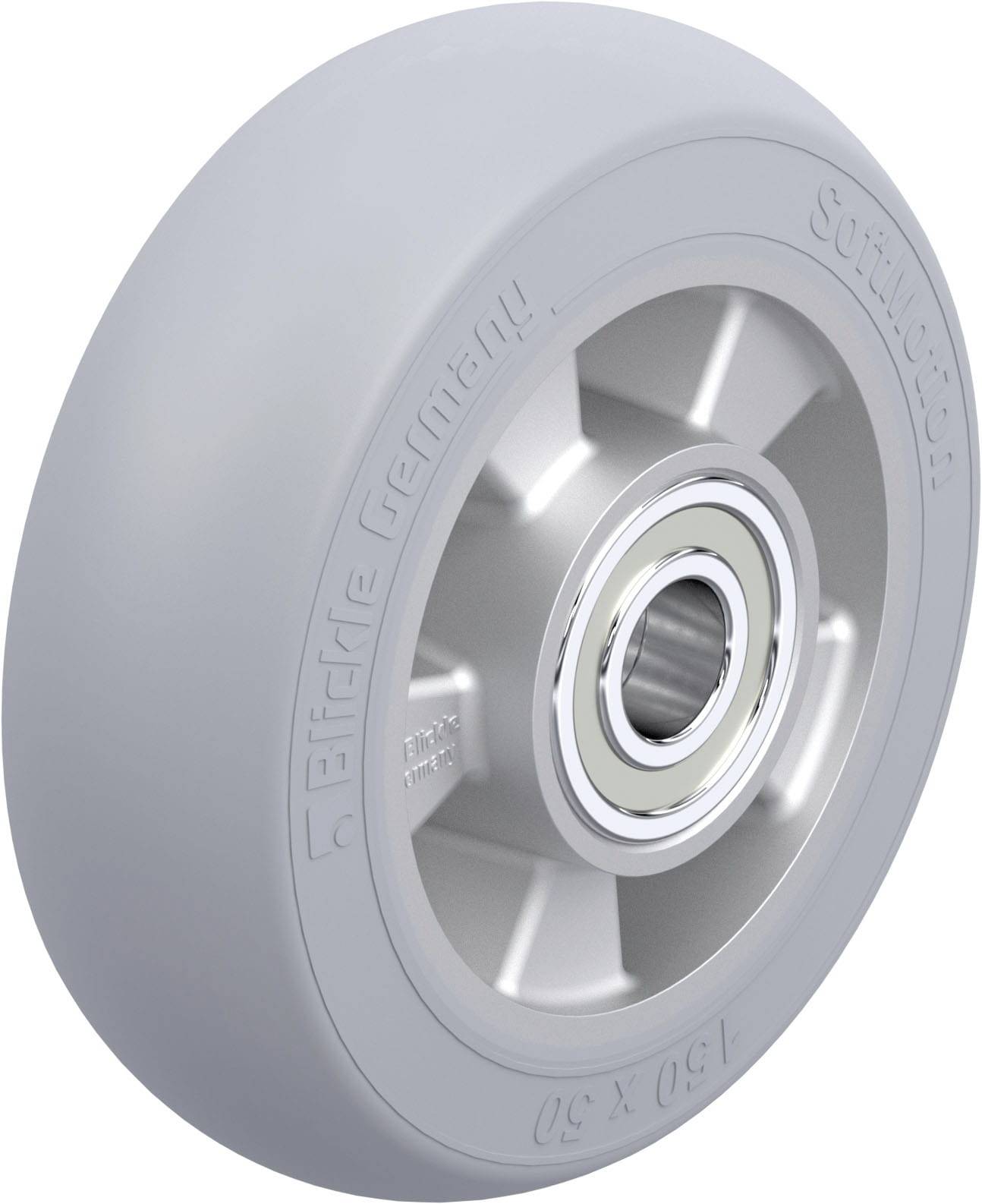 Graues Rad mit Metallfelge und Kugellager, seitlich beschriftet mit 'Effektive Germany 150 x 50 Softlock'.