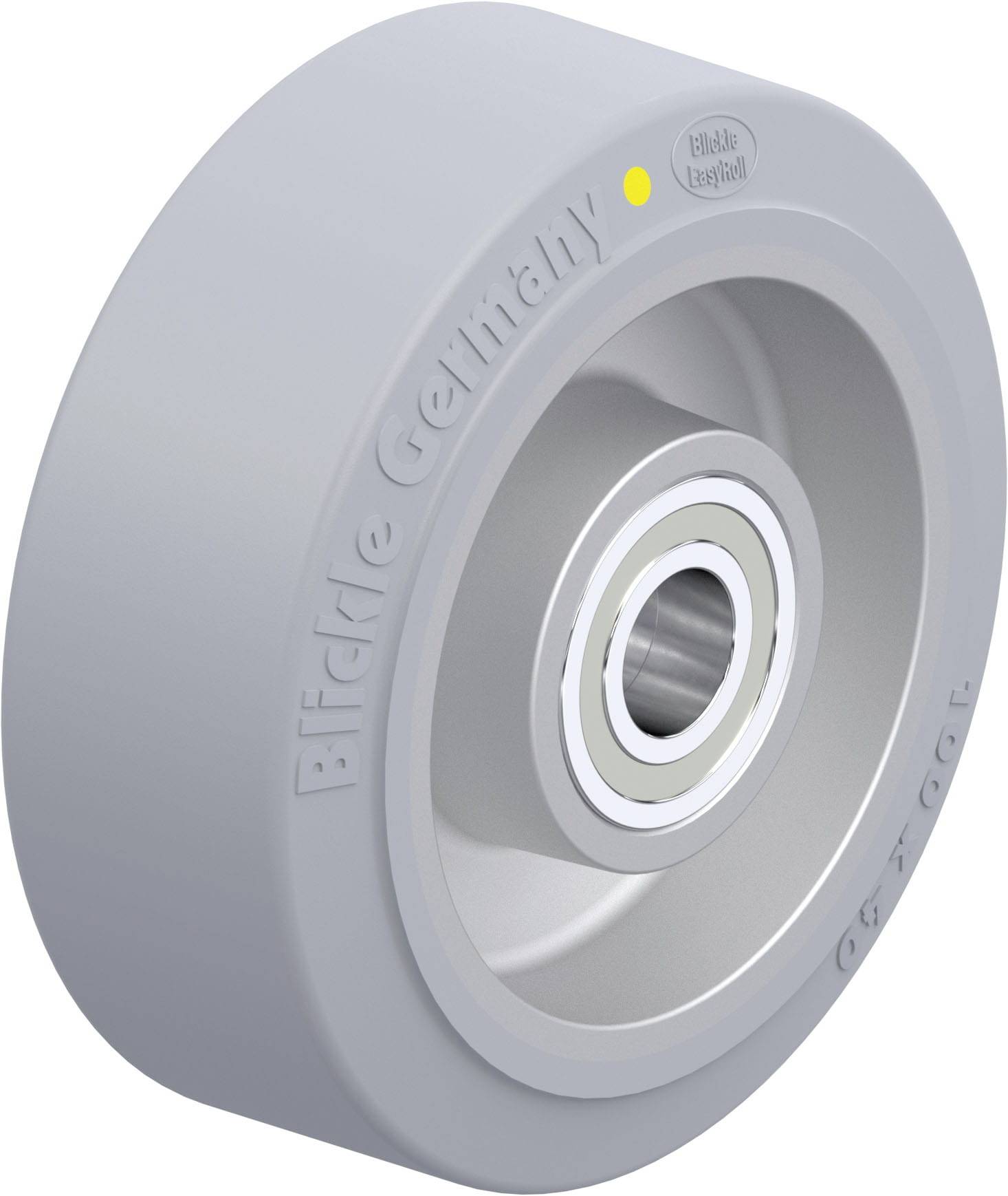 Industrie-Rad in Grau. Aufschrift auf der Seite: 'Blickle Germany'. Runder Metallkern mit Lager in der Mitte.