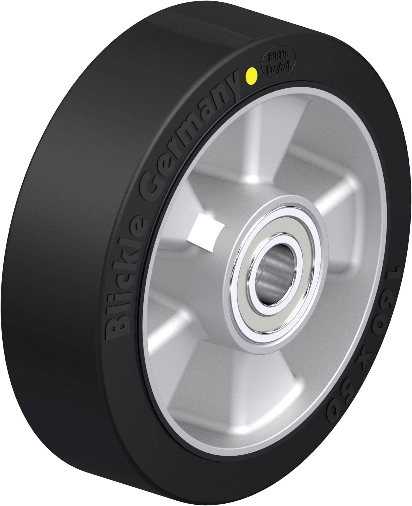 Schwarzes Rad mit Metallkern und Kugellager. Aufschrift: 'Blickle Germany'. Hochwertiges Rad, geeignet für industrielle Anwendungen.