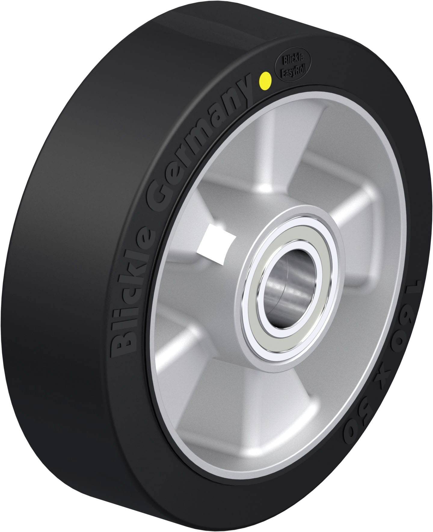 Schwarzes Rad mit silberner Felge, Markenname 'Blickle Germany' eingraviert. 160x50 mm Größe, gelber Punkt markiert Belastungsrichtung.