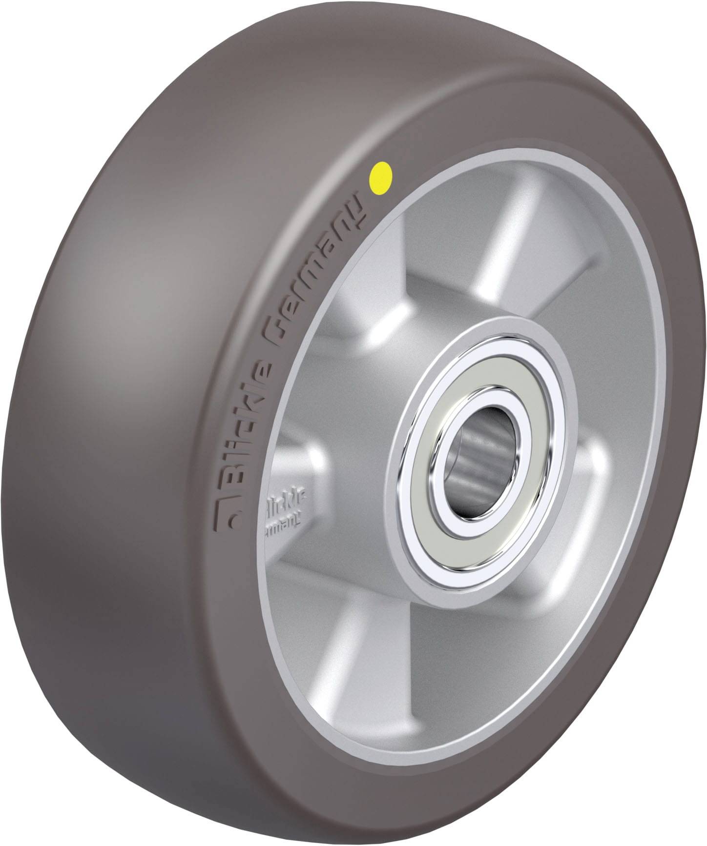 Industrie-Laufrad mit Kugellager und grauer Gummireifen, geeignet für schwere Lasten; Metallkern sichtbar, robustes Design.