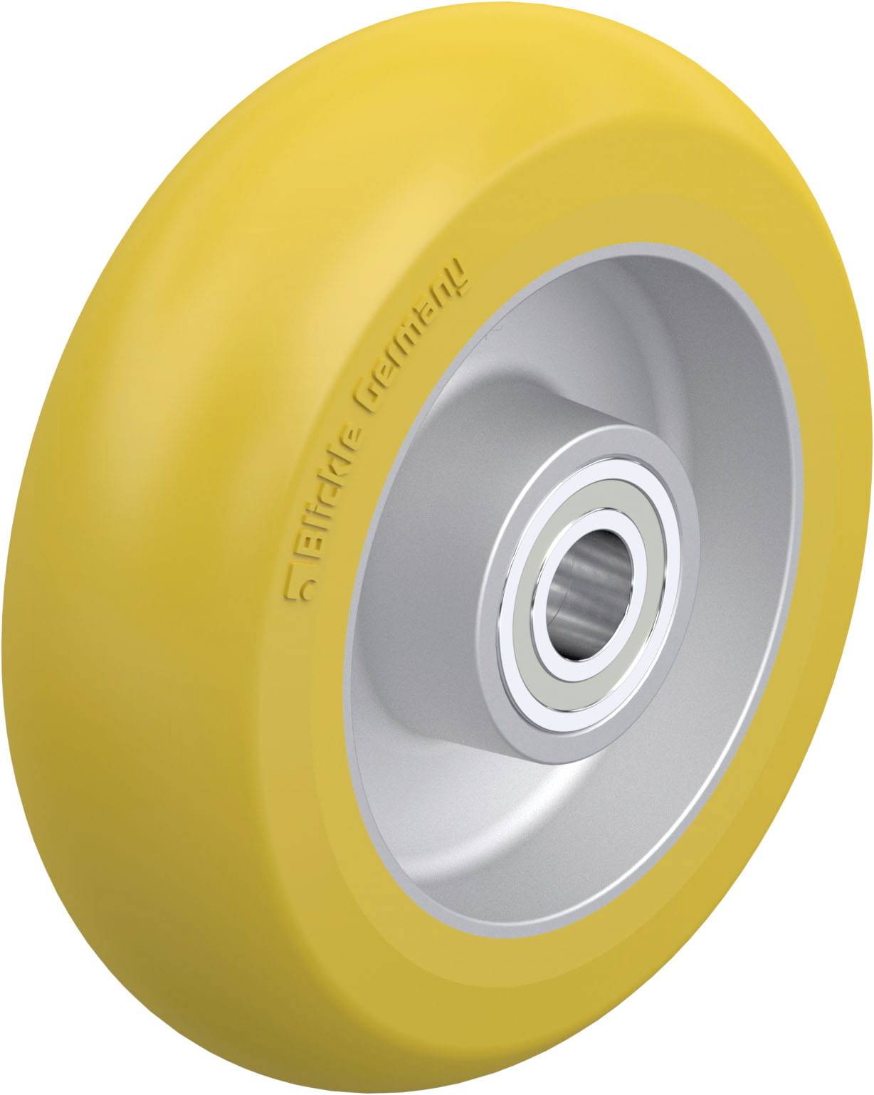 Gelbes Rad aus Kunststoff mit Metallinnenteil, geeignet für Transportmittel oder Maschinen. Ideal für gleichmäßige und leise Bewegungen.