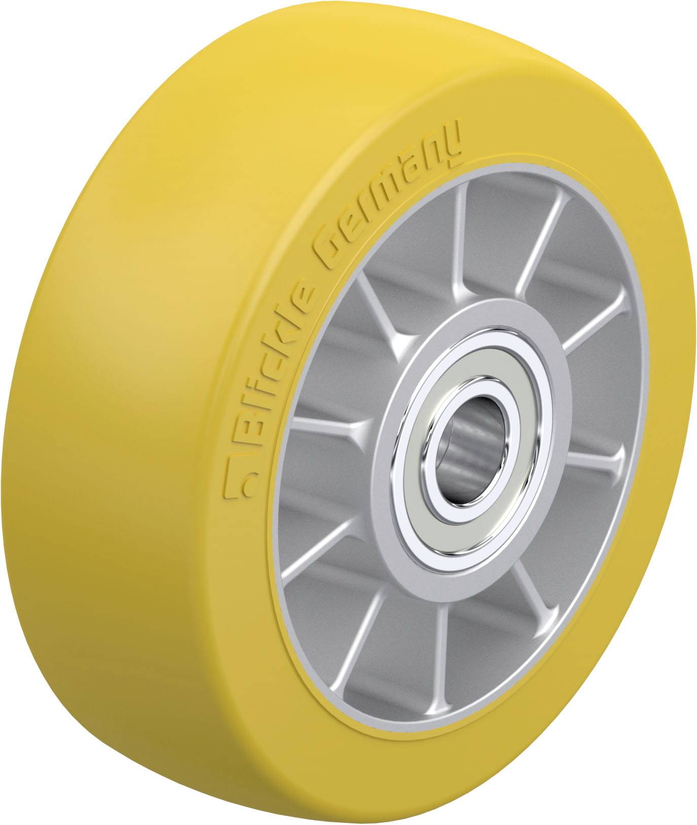 Gelbes Rad mit silbernem Mittelteil und Schriftzug 'Elektro Germany'. Verwendet für industrielle Anwendungen.