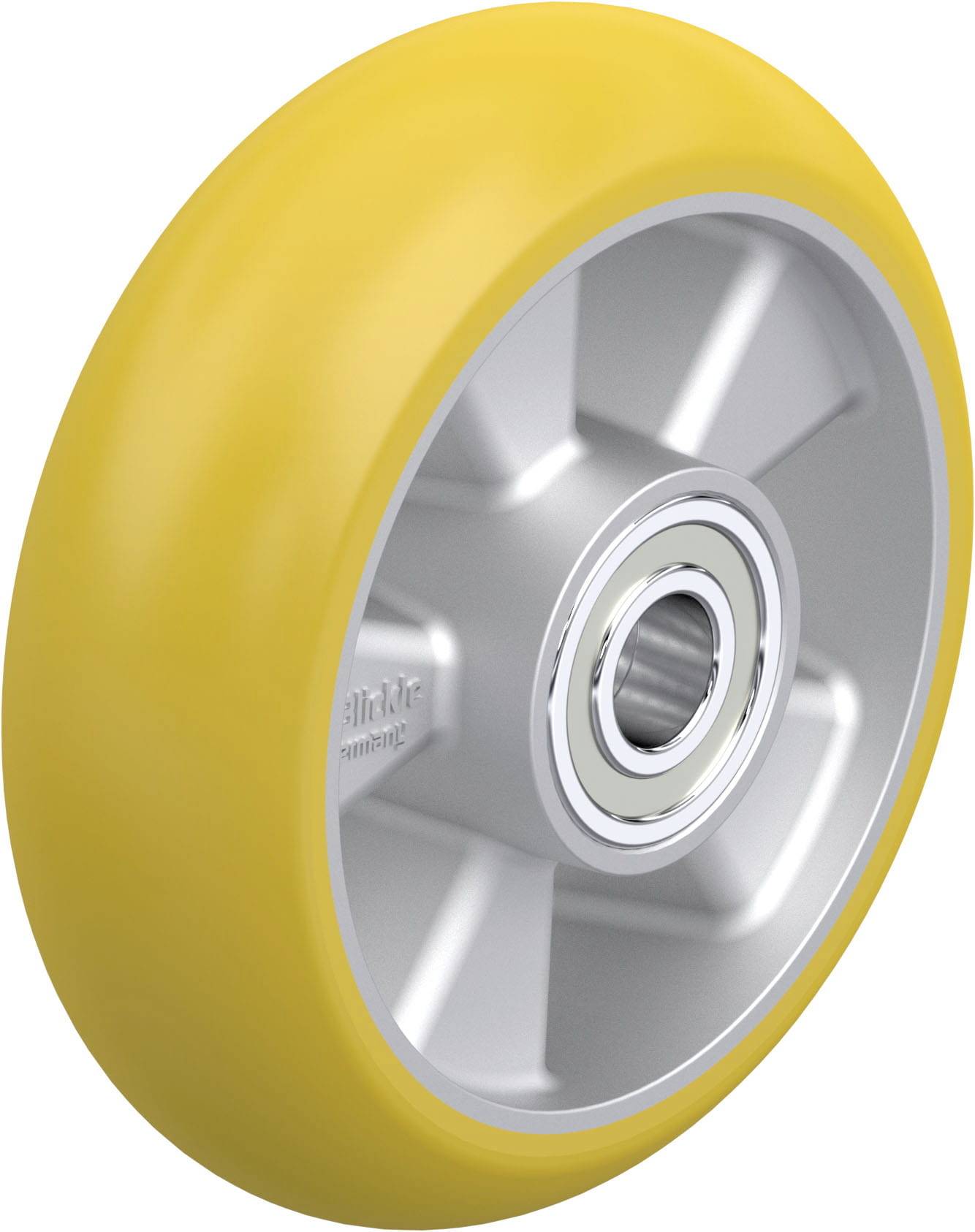 Gelbes Rad mit glatter Oberfläche und silberner Felge. Enthält ein silbernes Kugellager in der Mitte. Hauptsächlich für praktische Anwendungen verwendet.