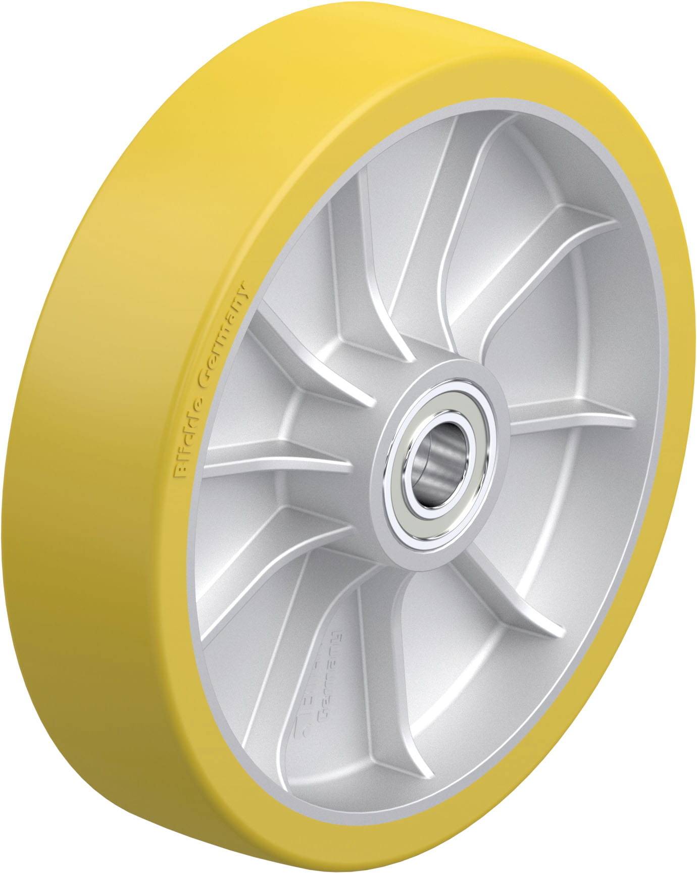 Ein gelbes Rad aus Kunststoff oder Gummi mit silbernem Radkern und Lager in der Mitte, möglicherweise für industrielle Anwendungen.