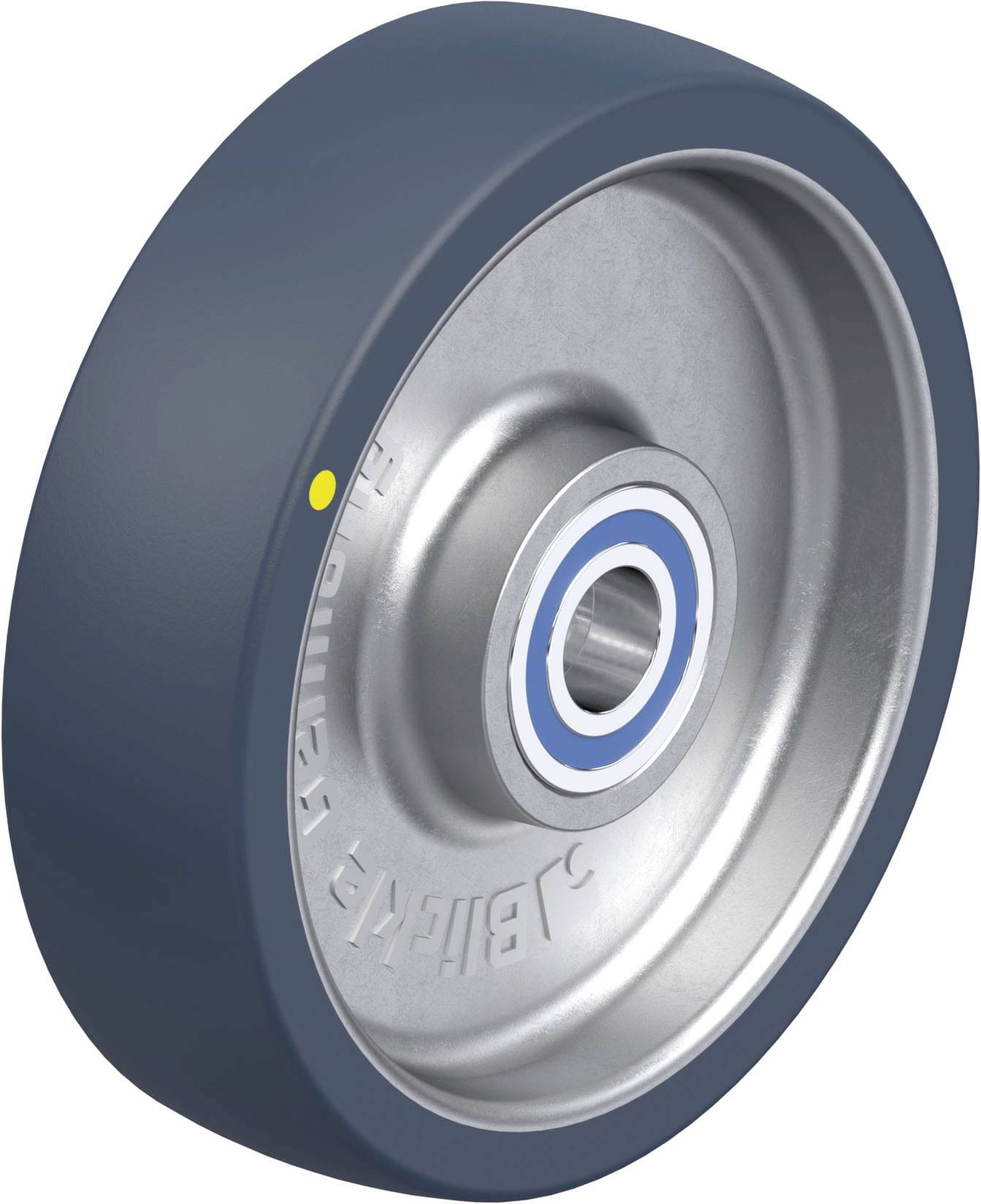 Industriewagenrad aus Metall mit blauem Gummirand und Kugellager, geeignet für den Einsatz in Transport- und Gerätemobilitätssystemen.
