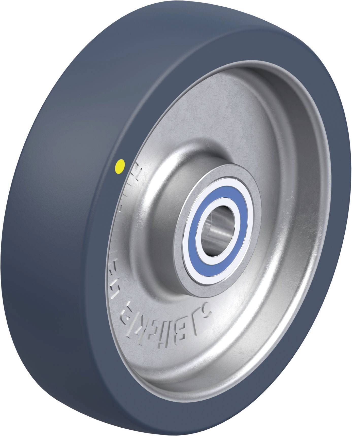 Drehbares Rad mit Gummiüberzug und Metallnabe, geeignet für schwere Lasten und gleichmäßige Fahrbewegungen.