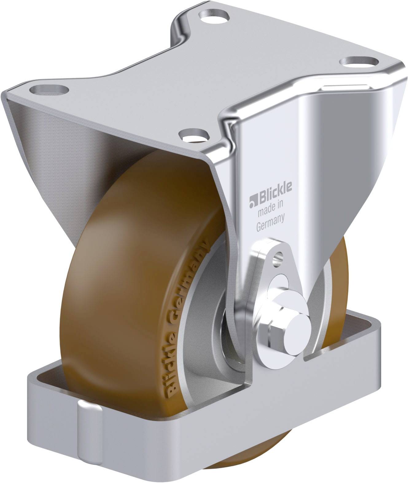 Metallrolle mit braunem Rad und silbernem Gehäuse, geeignet für schwere Lasten, hergestellt von 'Blickle' in Deutschland.