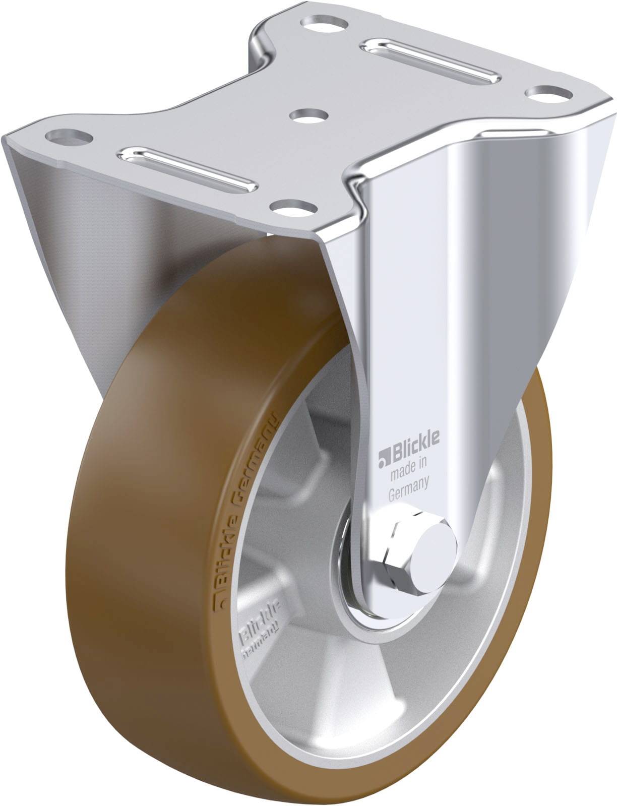 Industrie-Lenkrolle mit braunem Rad und silbernem Metallgehäuse, geeignet für schwere Lasten. Aufschrift 'Blickle made in Germany'.