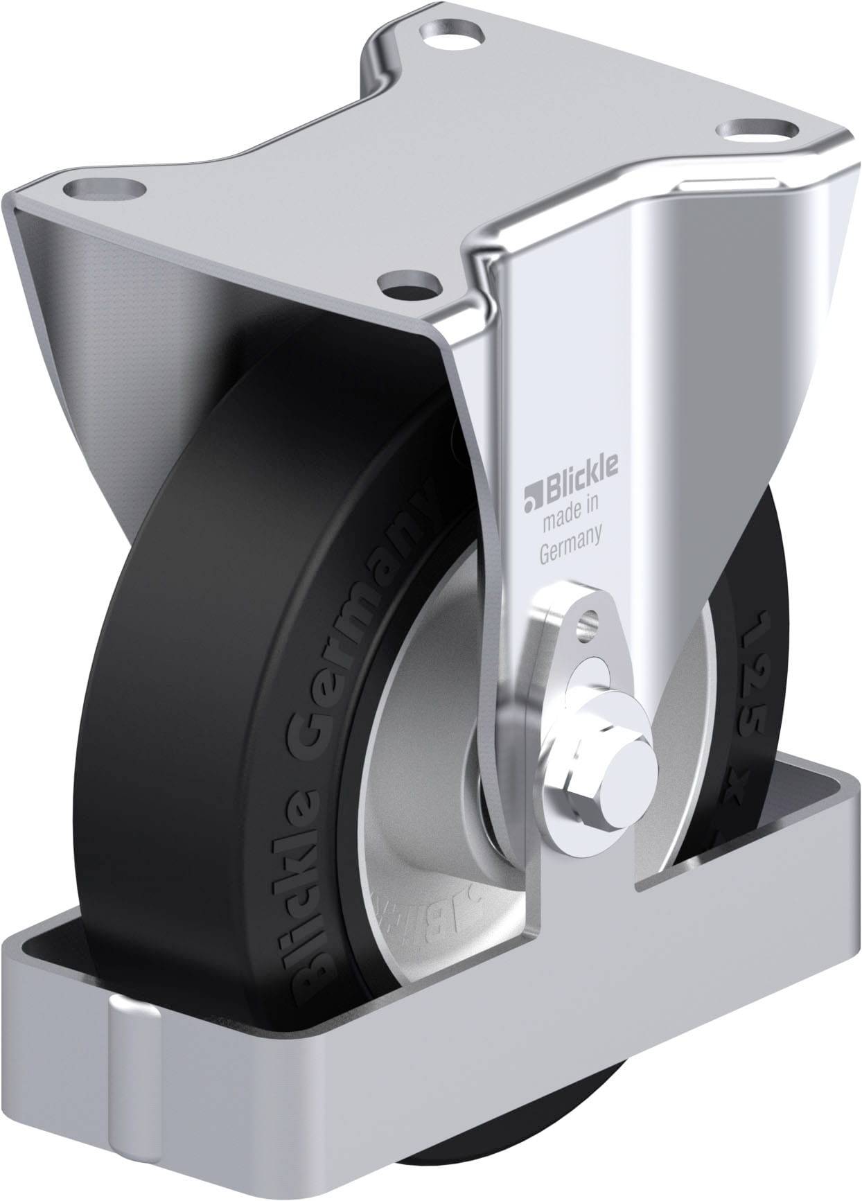 Rolle mit Metallgehäuse, schwarz-silbern, aus Gummi und Stahl. Geeignet für schwere Lasten. Aufdruck: 'made in Germany'.