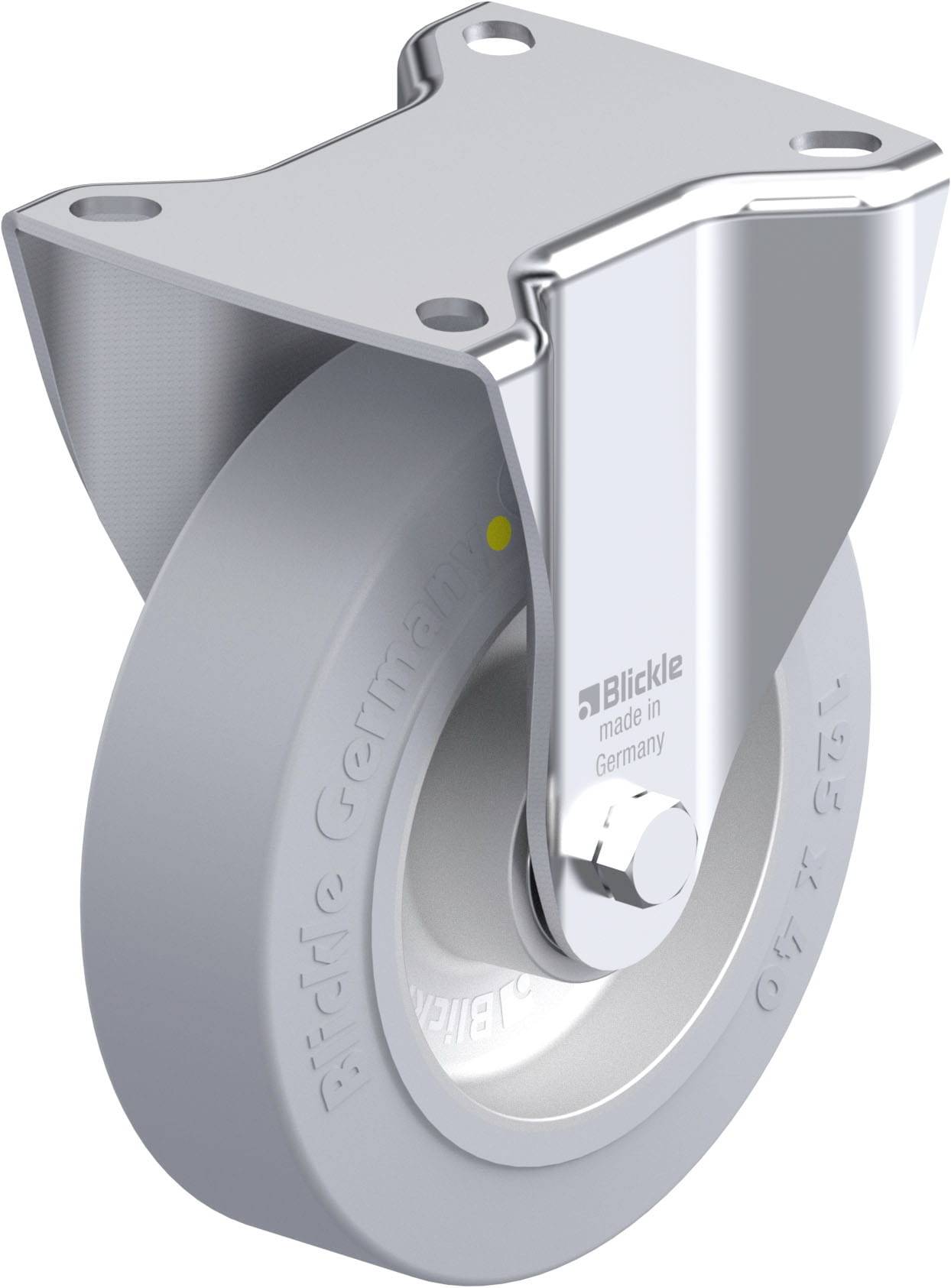 Industrie-Bockrolle mit grauem Rad und Metallgehäuse. Aufschrift 'Blickle made in Germany' auf Rad.