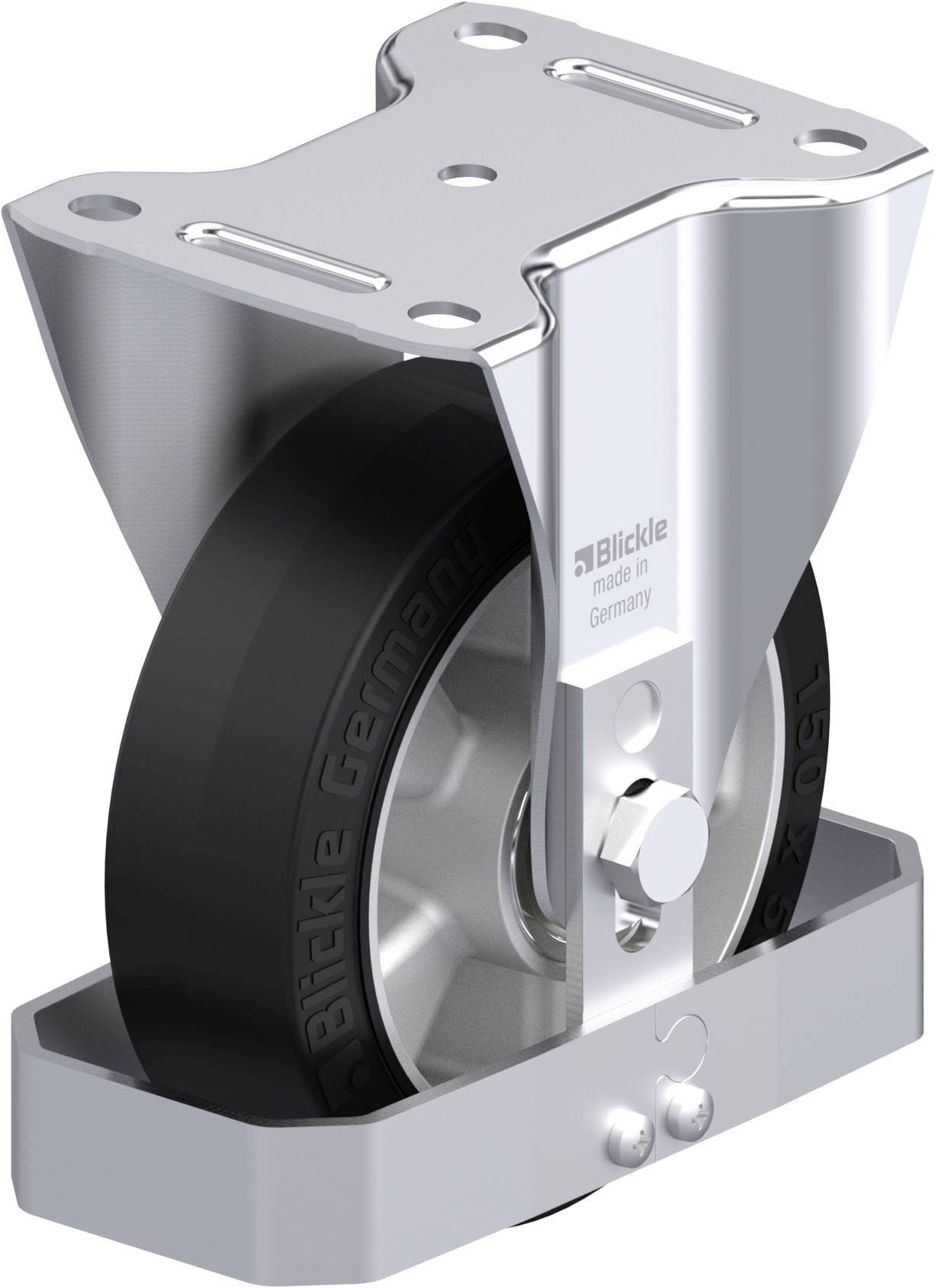 Industrie-Bockrolle mit schwarzem Rad, glänzender Metallhalterung und einem Etikett, auf dem 'Blickle made in Germany' steht.