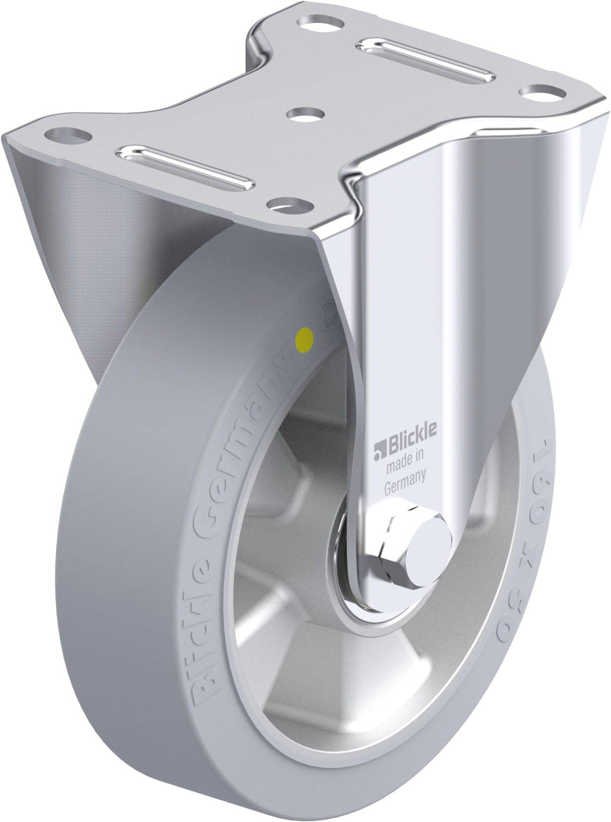 Industrie-Schwenkrolle aus Metall mit grauem Rad, montierbar mit Platte und Schrauben. Geeignet für schwere Lasten und flexible Mobilität.