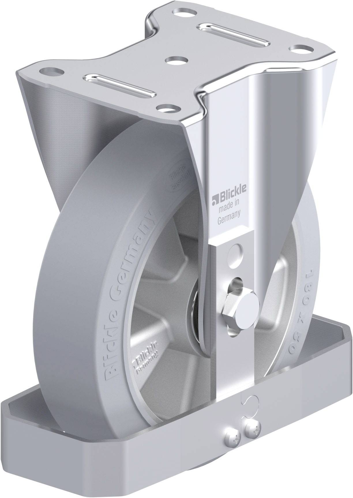 Metallrolle mit robustem Gehäuse und Halterung, geeignet für Schwerlasten. Gravur auf der Rolle: 'Blickle made in Germany'.