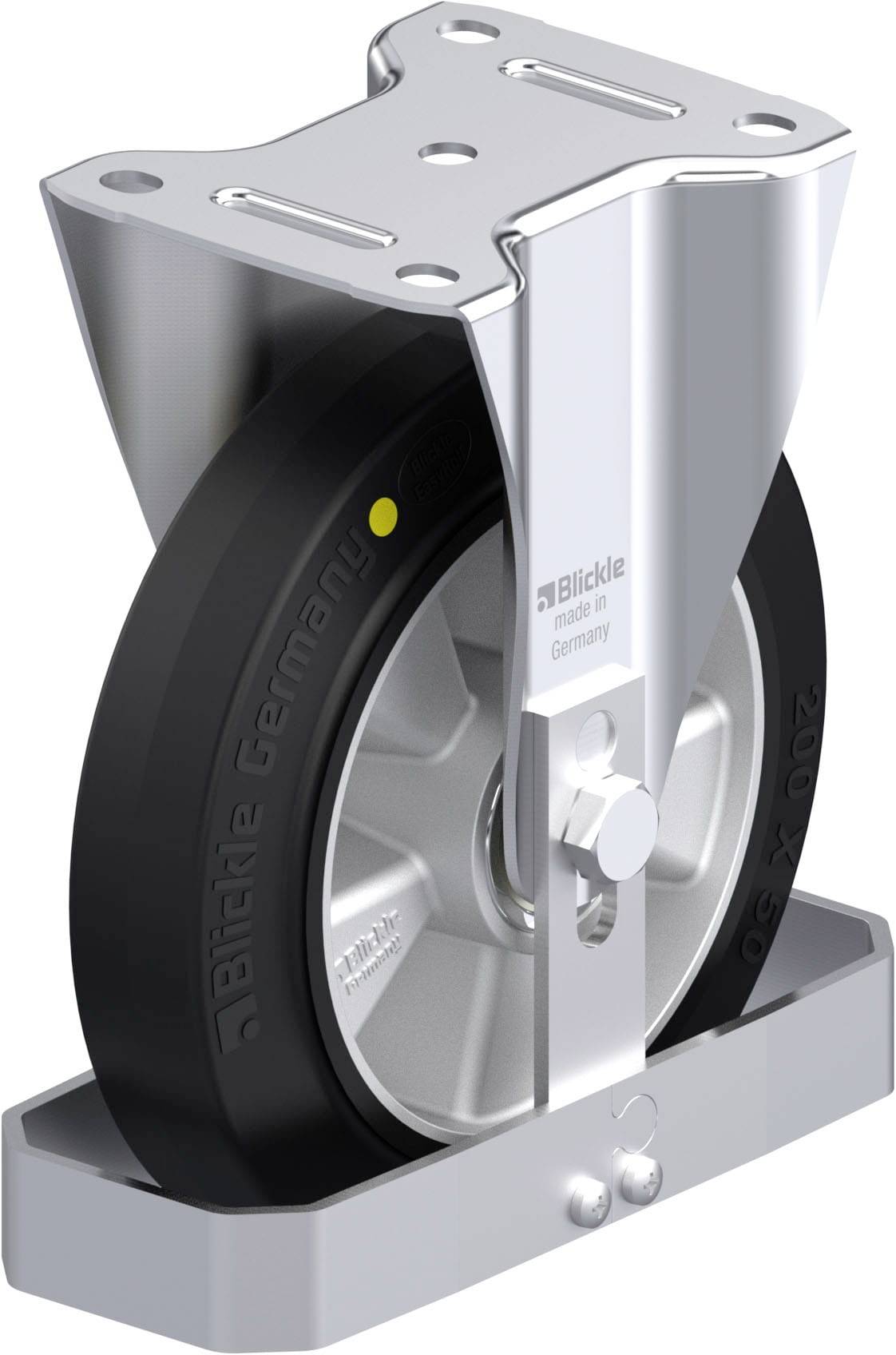 Industrie-Rad mit schwarzem Gummi und silbernem Metallständer. Eignet sich für Geräte und Transportmittel. Markierung: 'Blickle'.