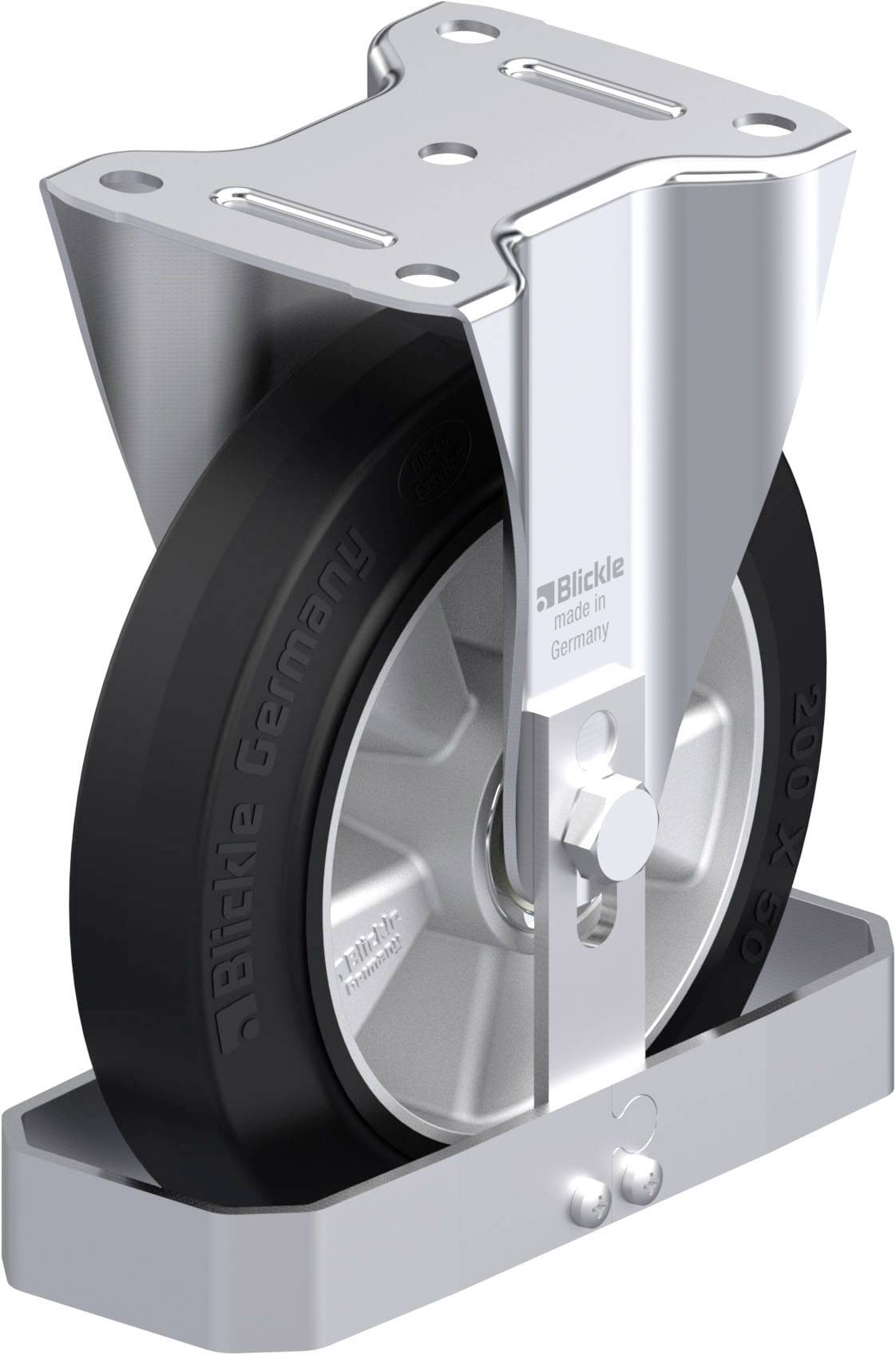 Industrie-Lenkrolle mit schwarzem Rad und silbernem Gehäuse. Die Aufschrift 'Blickle Germany' ist auf dem Rad sichtbar.