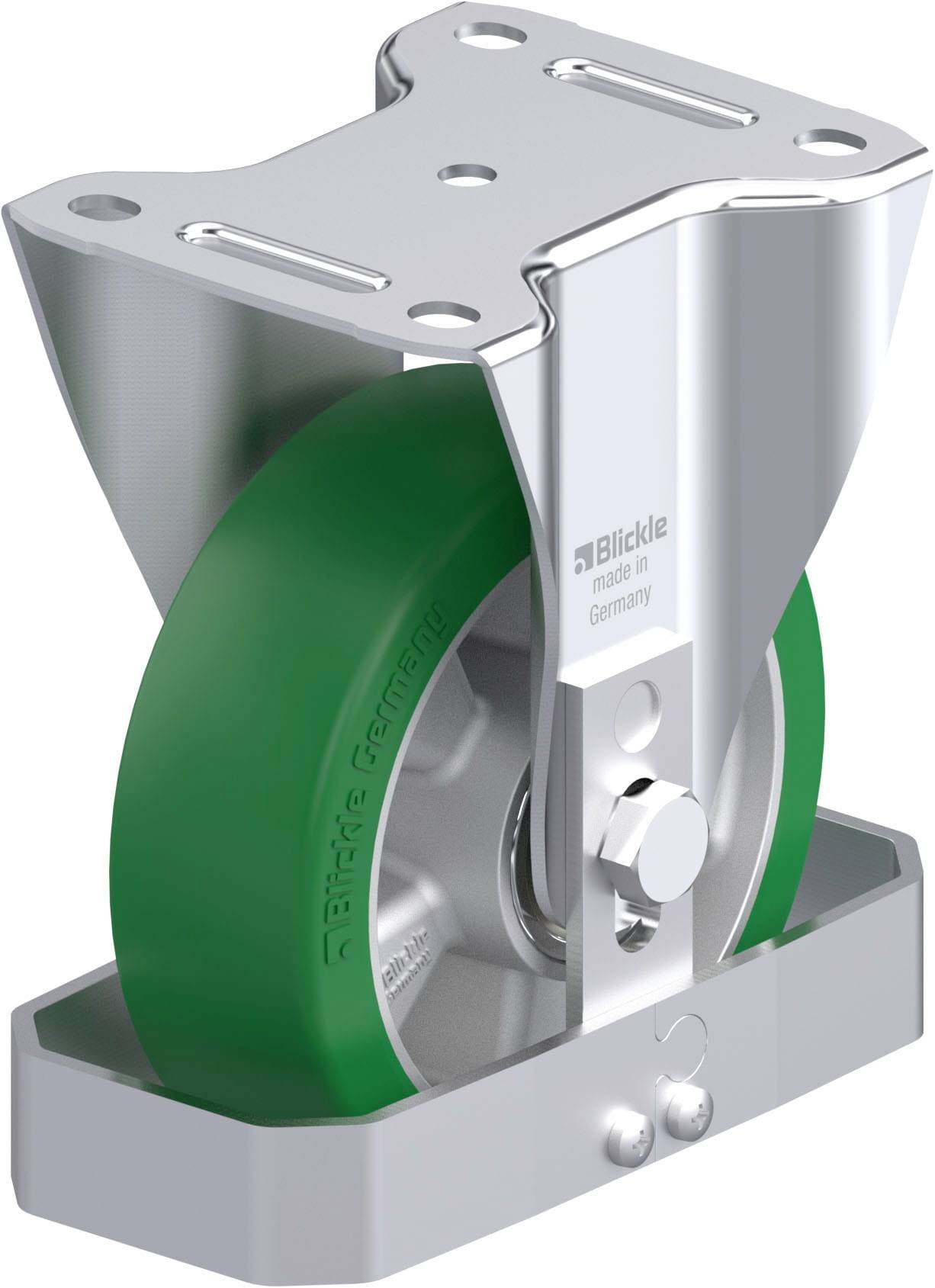 Industrie-Rolle mit grünem Rad und silbernem Gehäuse, seitlich Ansicht. Aufschrift 'Blickle made in Germany'.