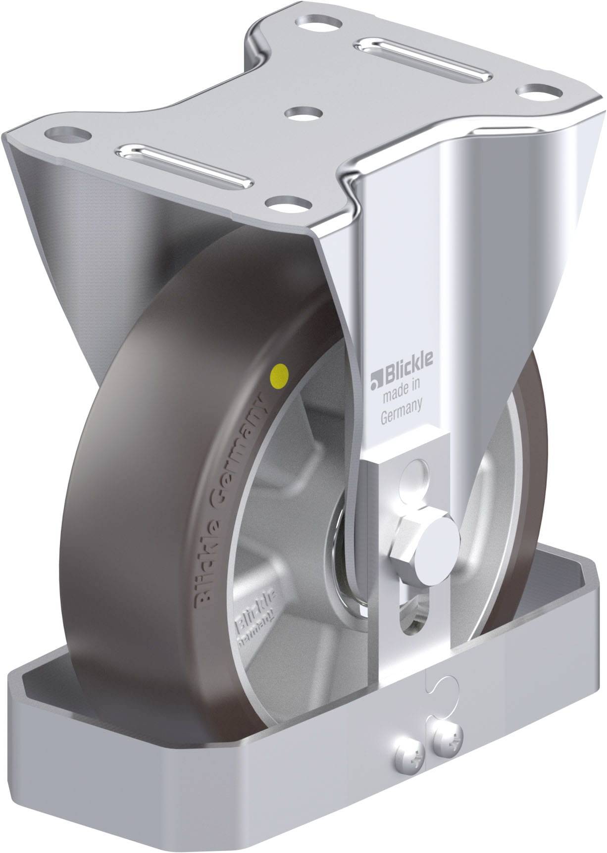'Heavy-Duty-Rolle von Blickle aus glänzendem Metall mit grauem Rad, geeignet für hohe Belastungen. Beschriftung: 