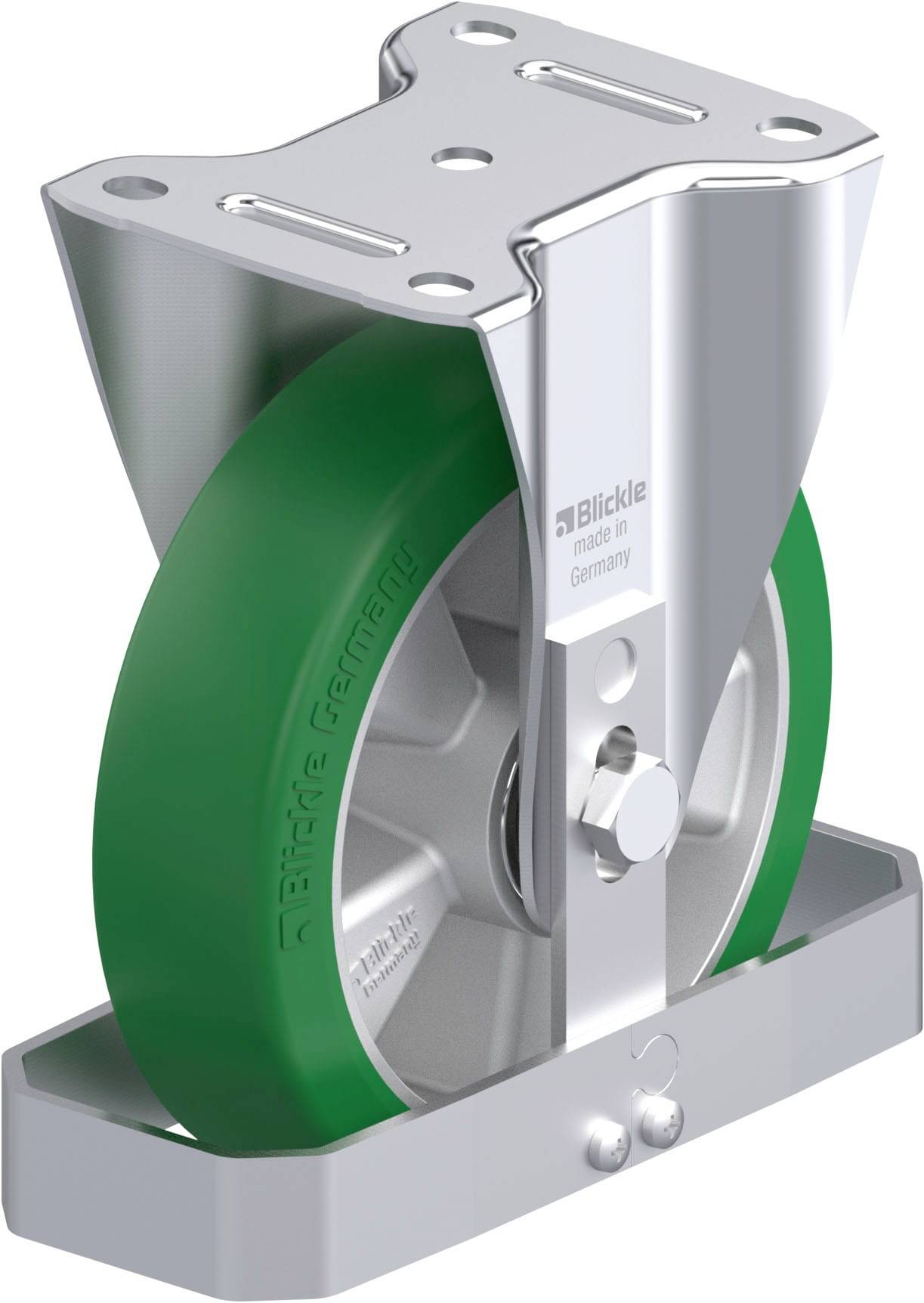 Schwenkrolle mit grünem Gummi-Rad und Metallgehäuse, hergestellt in Deutschland.