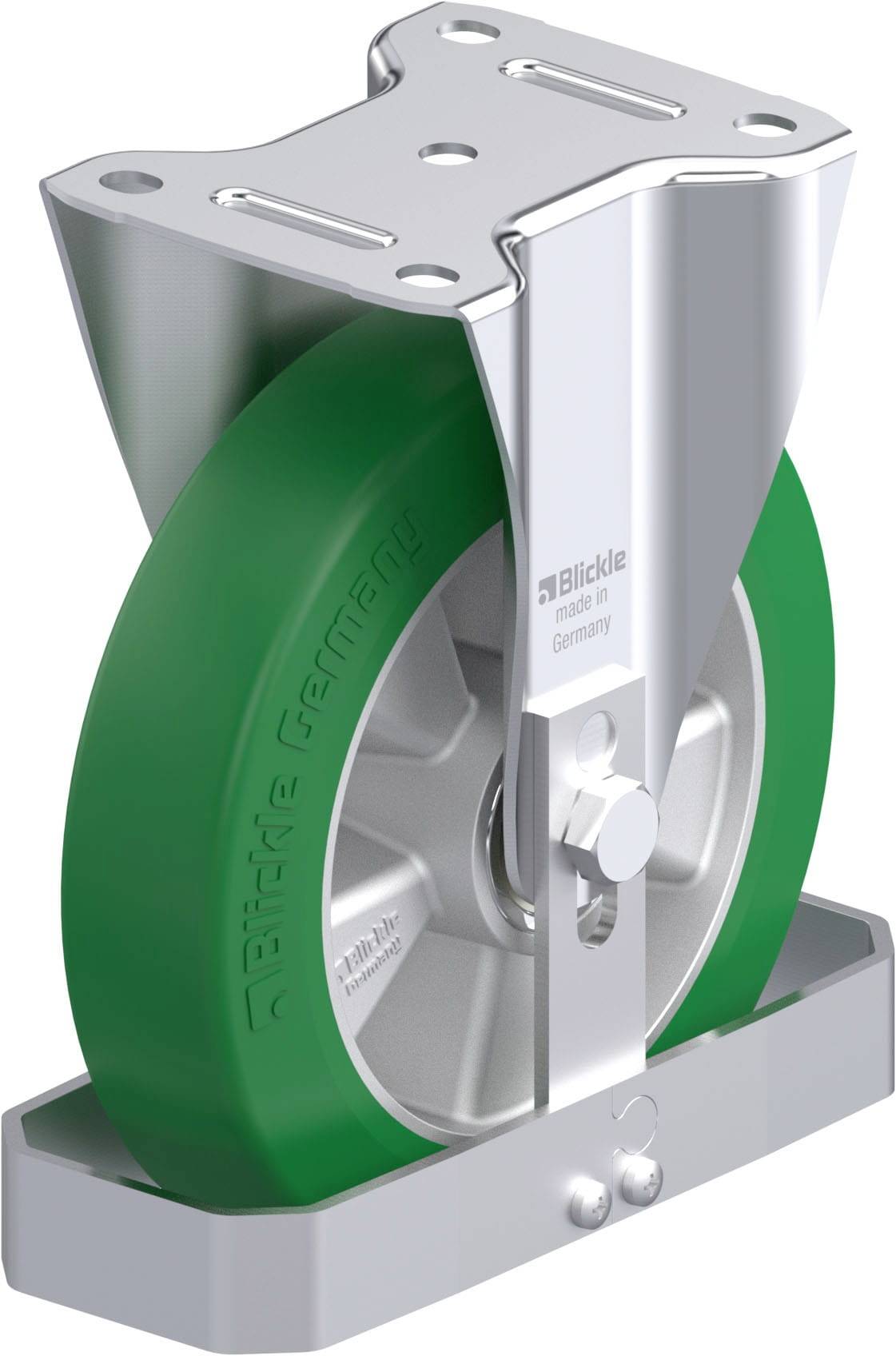 Metallrolle mit grünem Rad und robustem Gehäuse, entworfen für industrielle Anwendungen, von der Marke 'Blickle'.