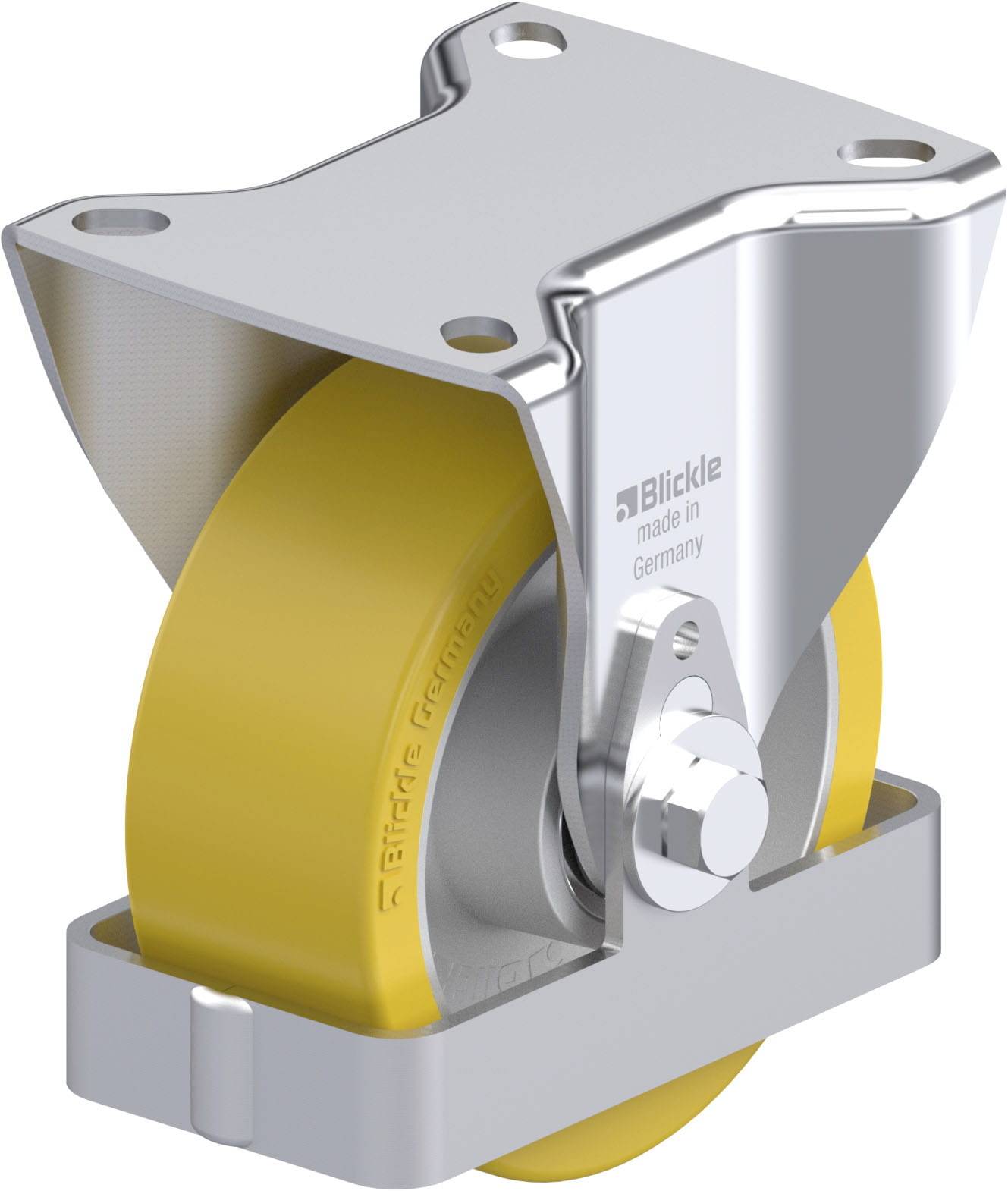 Industrie-Lenkrolle mit gelbem Rad, silbernem Metallgehäuse und Befestigungsplatte. Markenname 'Blickle' und 'Made in Germany' erkennbar.