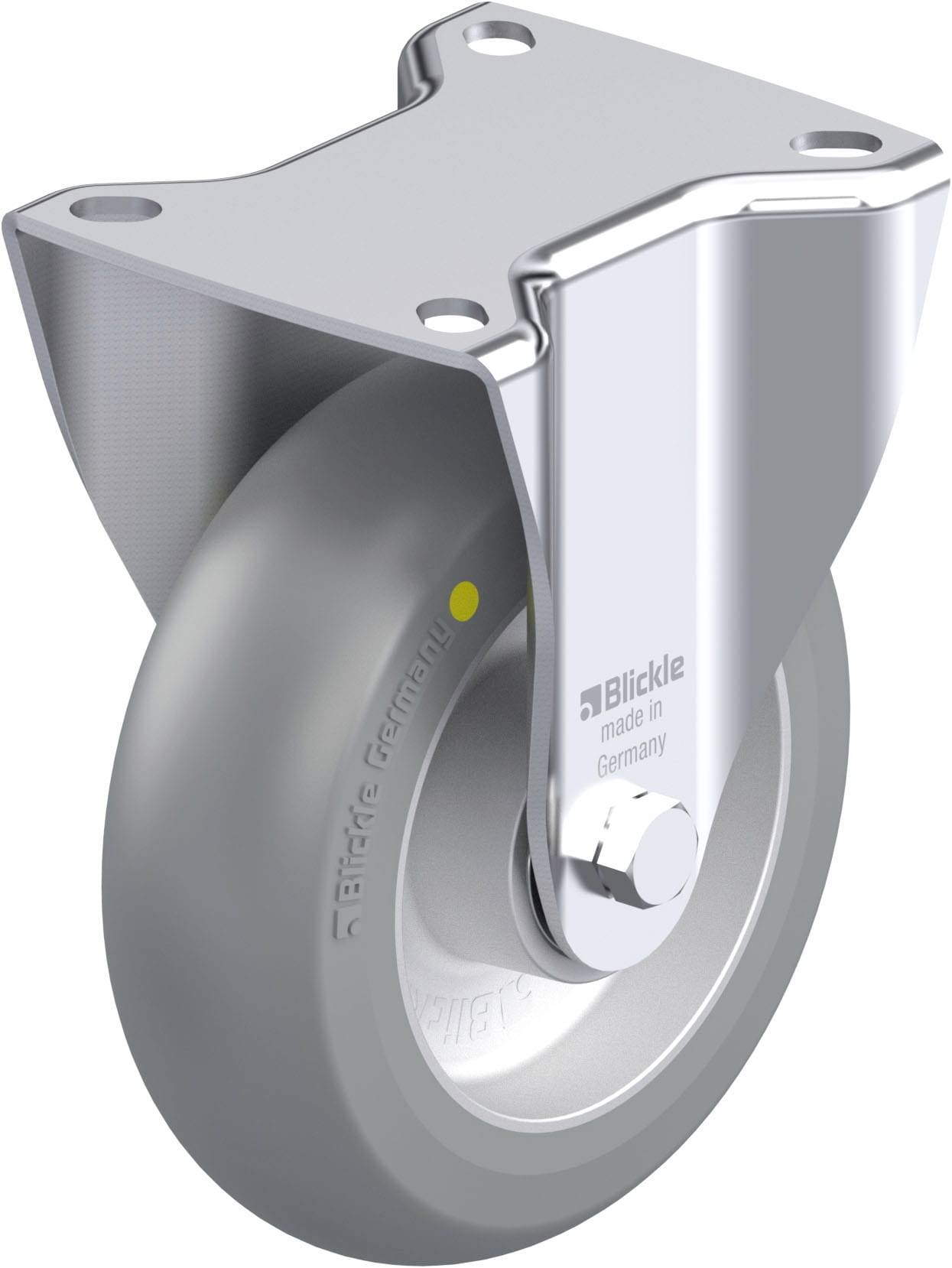 Eine graue Lenkrolle aus Metall mit einem glänzenden Gehäuse, hergestellt in Deutschland, geeignet für Möbel oder Geräte.
