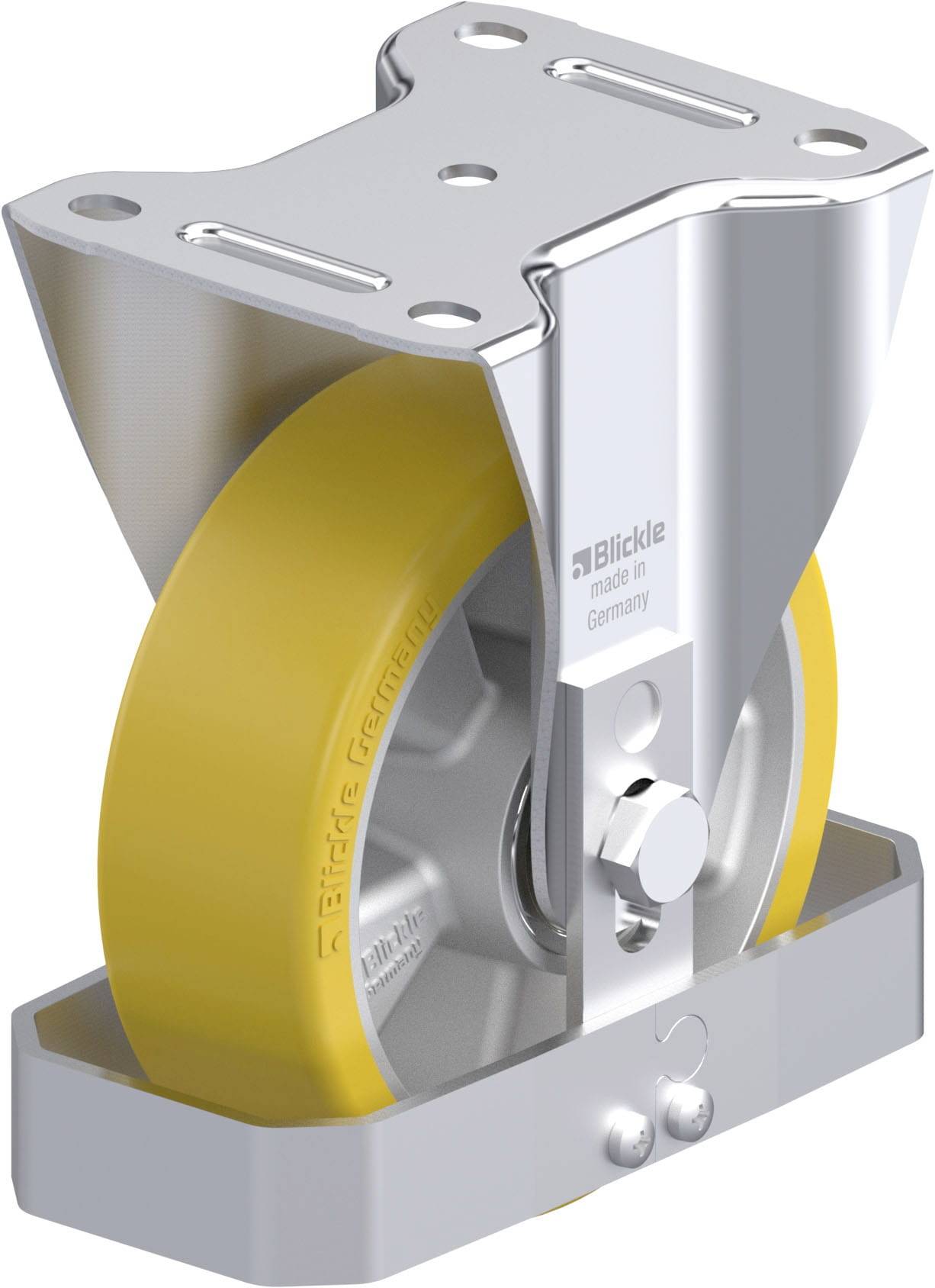 Industrielle Lenkrolle mit gelbem Rad und silbernem Halter, für schwere Lasten konzipiert, auf weißem Hintergrund dargestellt.