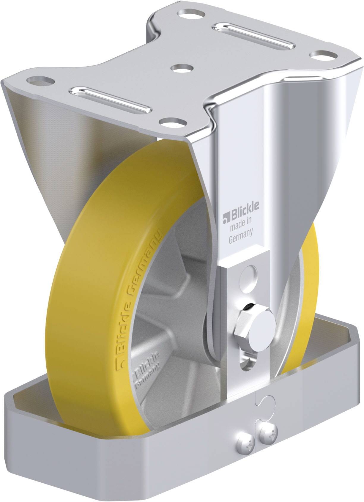 Ein robustes, gelbes Industrie-Rad mit silberner Halterung von Blickle, Made in Germany. Entwickelt für schwere Lasten.