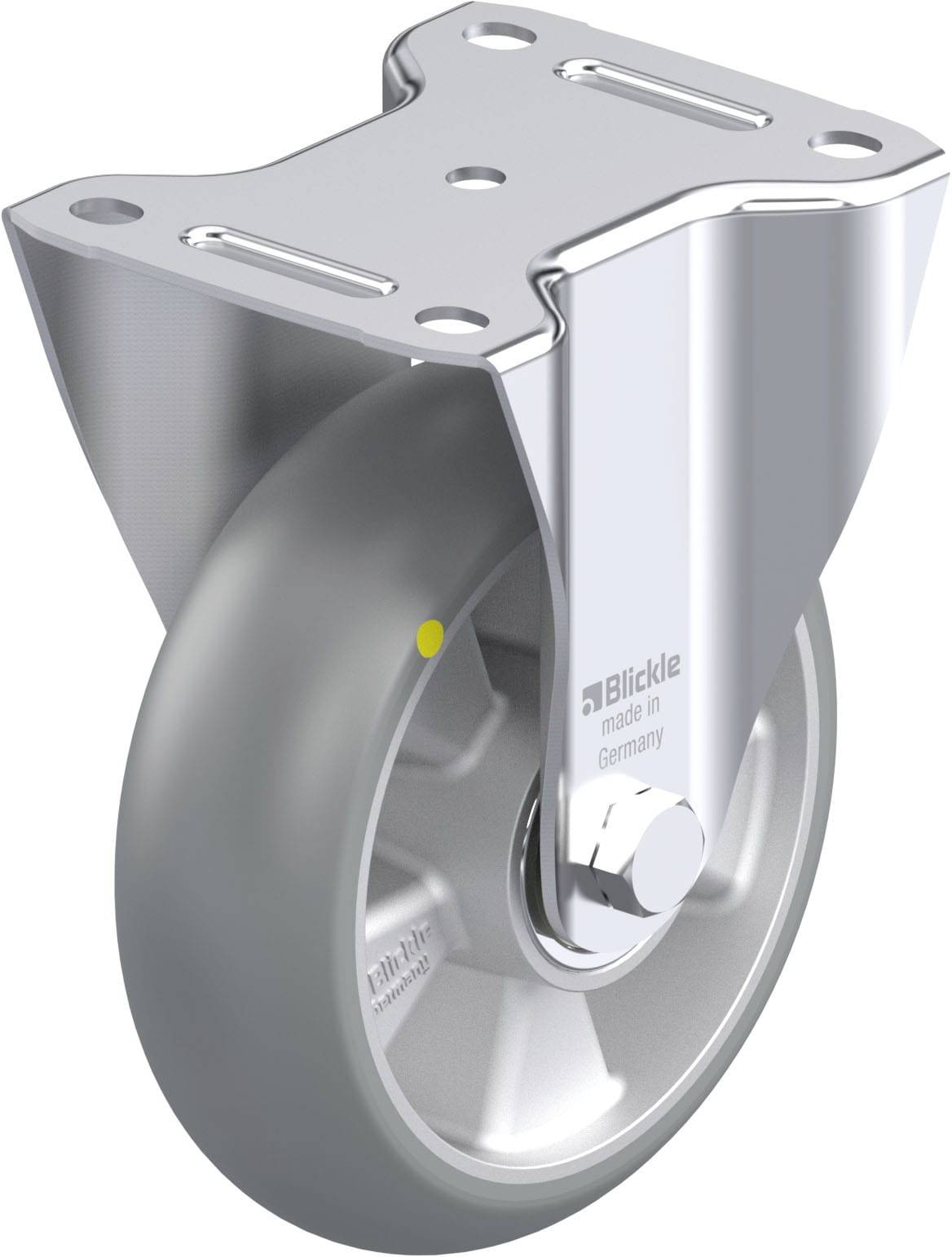 Metallisches Schwerlast-Schwenkrad mit grauem Rad und Platte zur Befestigung. Markierung 'Blickle made in Germany’ sichtbar.
