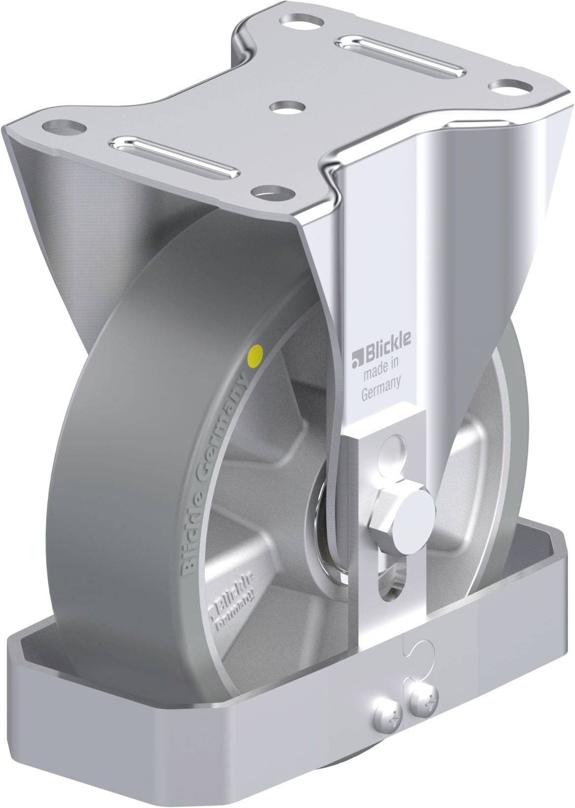 Lenkrolle aus Metall mit Befestigungsplatte, produziert von Blickle in Deutschland.