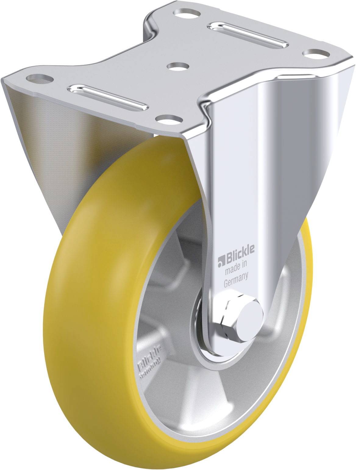 Lenkrolle mit gelbem Rad aus Polyurethan, montiert auf einem Metallaufbau. Aufschrift ‚Blickle made in Germany‘ erkennbar.