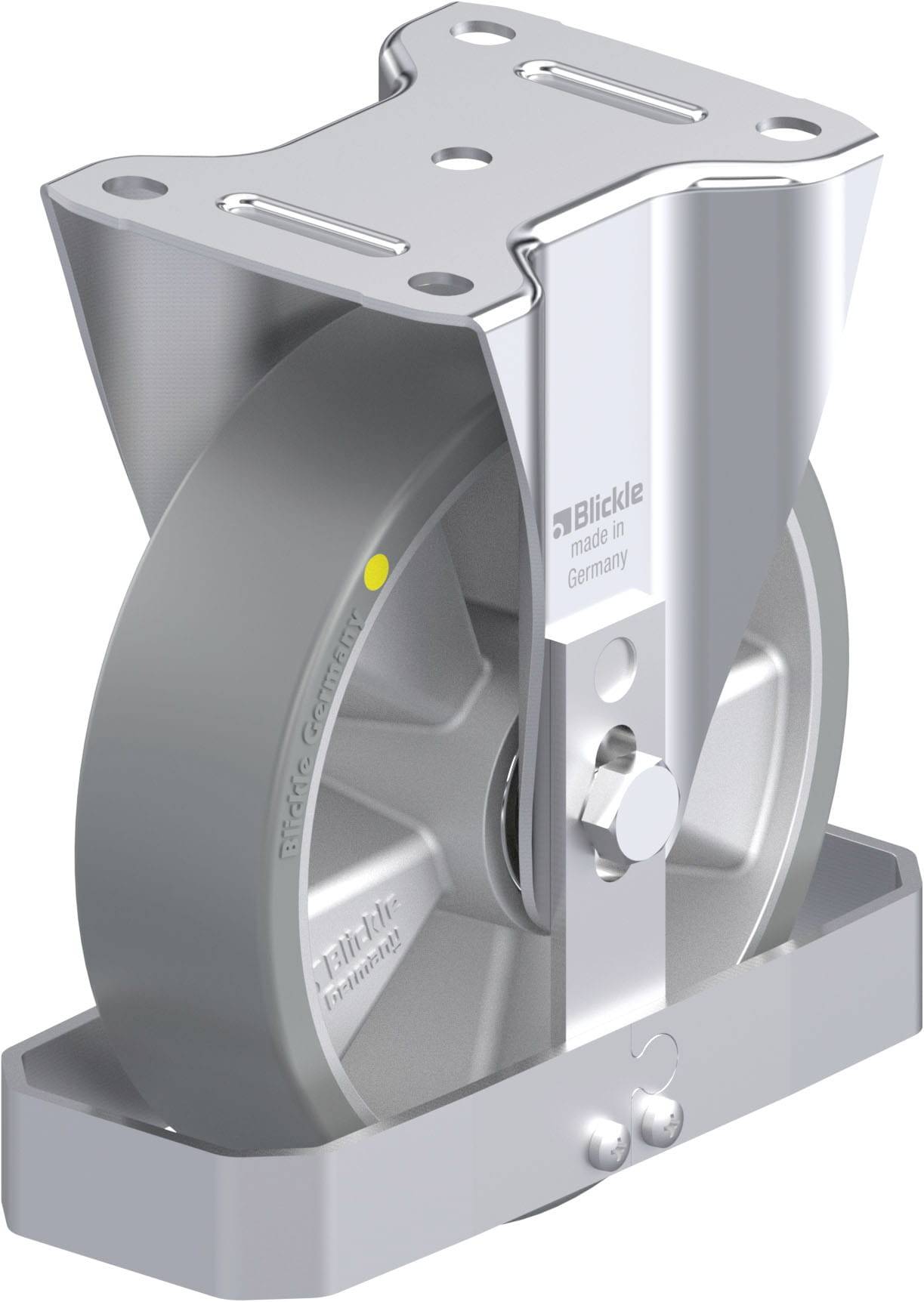 Industriewagenrolle aus Metall, glatt, mit stabiler Halterung, geeignet für schwere Lasten. Aufschrift 'Blickle made in Germany'.