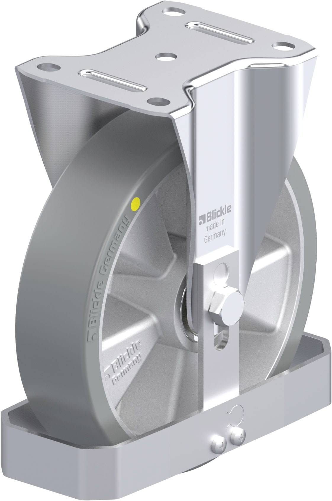 Industrie-Lenkrolle aus Metall mit grauer Gummireifen. Die Halterung ist silbern, robust gestaltet und enthält eine Bremse.