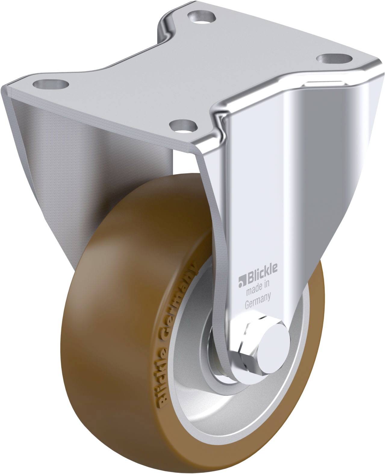 Metall-Rollenhalterung mit braunem Rad, geeignet für industrielle Anwendungen. Aufschrift auf der Rolle: 'Blickle made in Germany'.