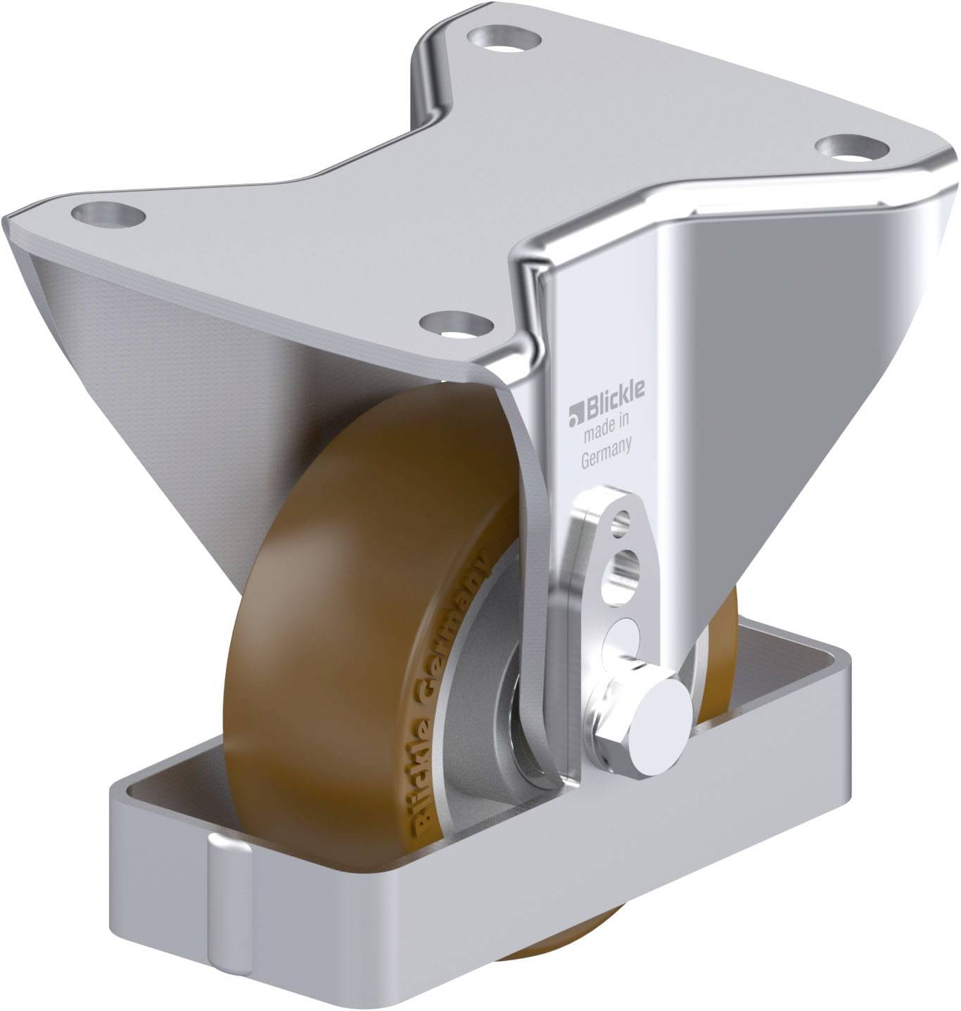 Eine robuste Rolle mit einer Basis aus Metall, geeignet für industrielle Anwendungen. Sie trägt die Aufschrift 'Blickle made in Germany'.