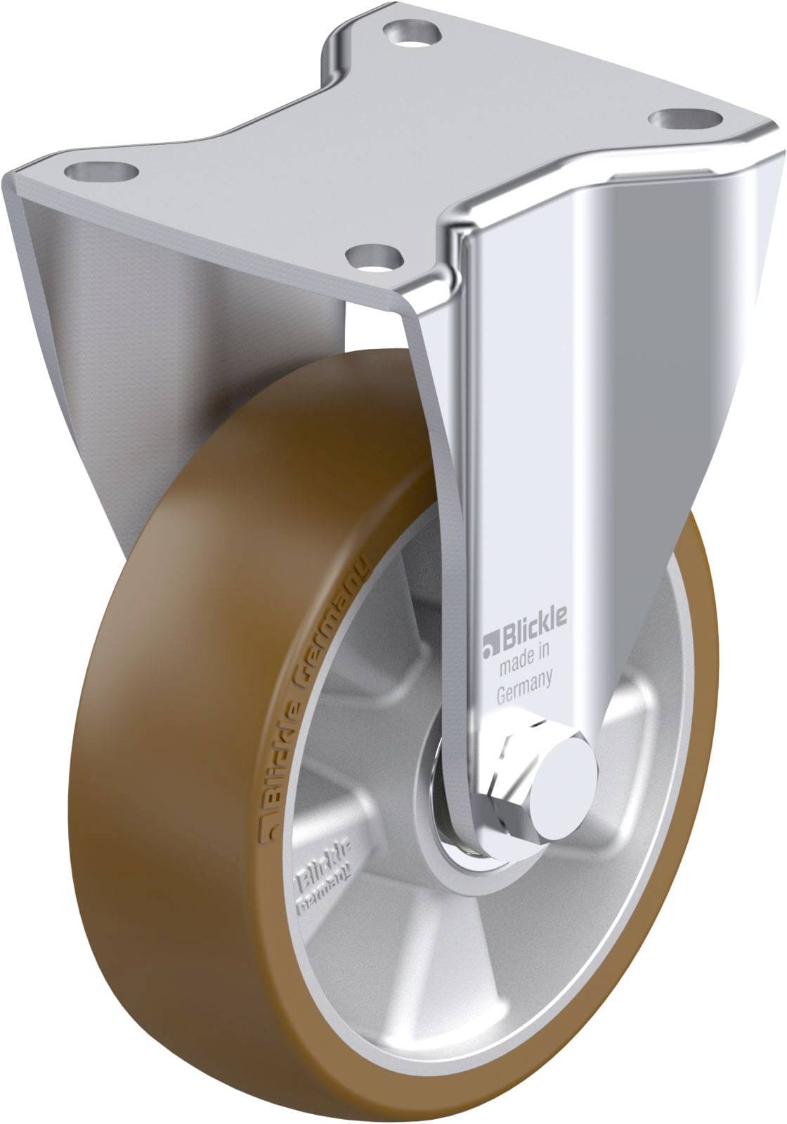 Industrielle Lenkrolle mit metallischer Halterung und braunem Rad. Herstelleraufschrift 'Blickle made in Germany' sichtbar.