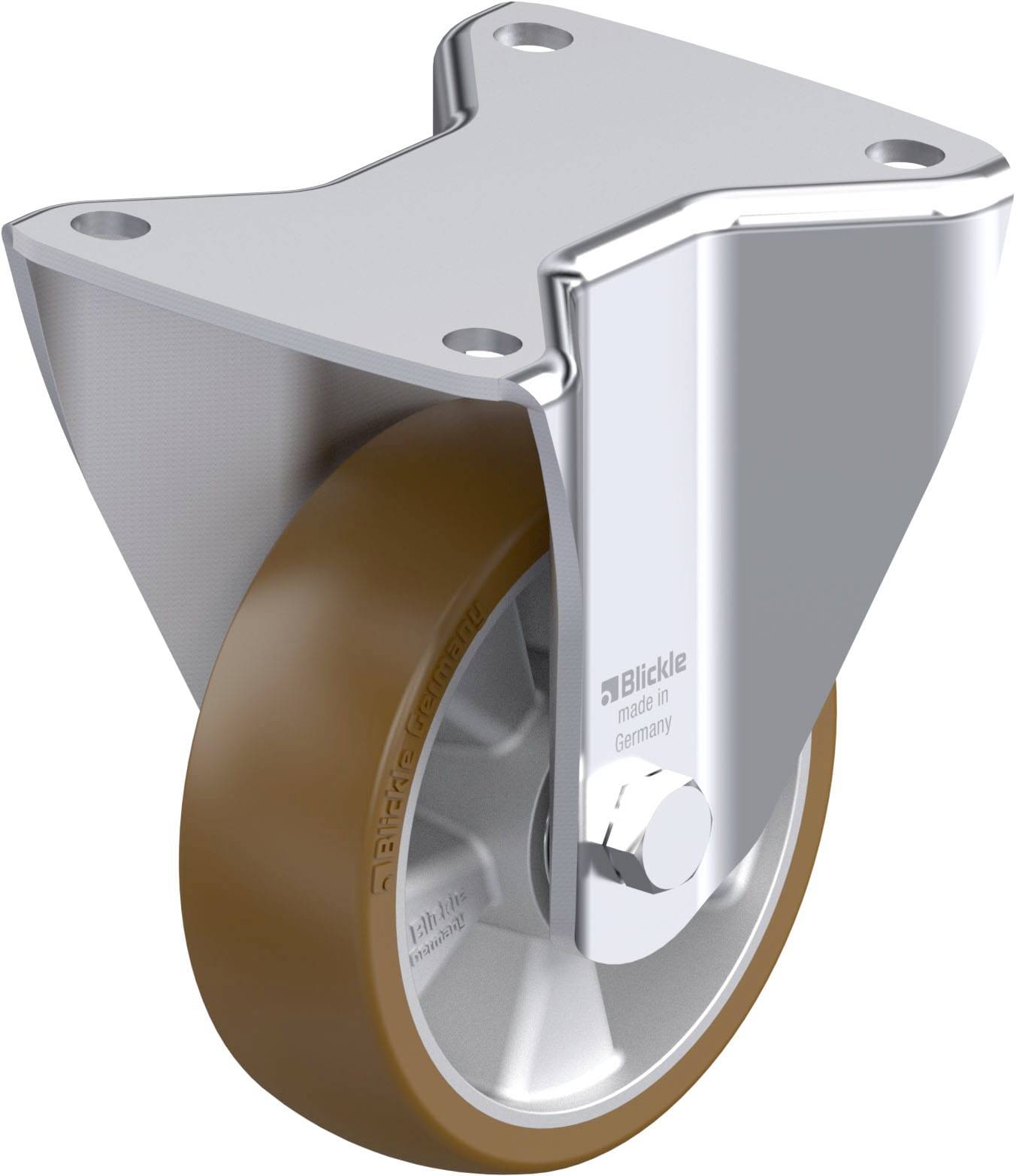 Schwenkrolle aus Metall mit braunem Rad, hergestellt von Blickle in Deutschland.