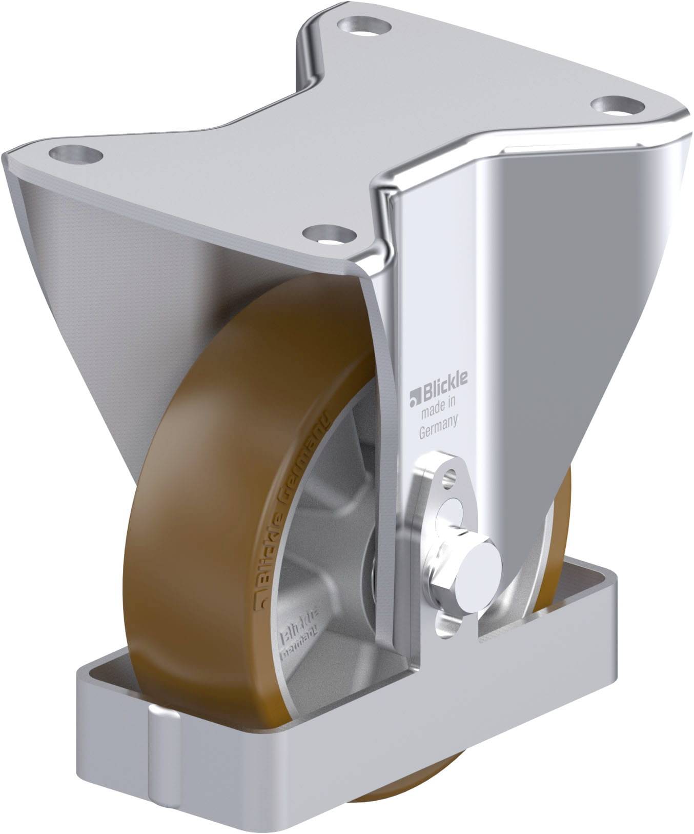 Industrielle Lenkrolle mit braunem Rad und silbernem Gehäuse, geeignet für schwere Lasten. Markierung 'Germany' sichtbar.