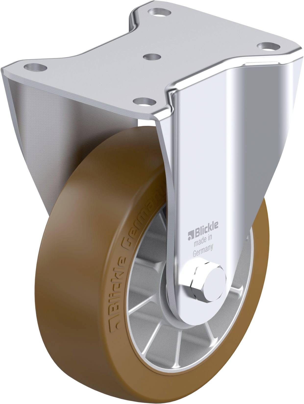 Schwenkrolle aus Metall mit braunem Rad, geeignet für den Einsatz in Transport- oder Möbelanwendungen, mit Aufschrift 'Blickle'.
