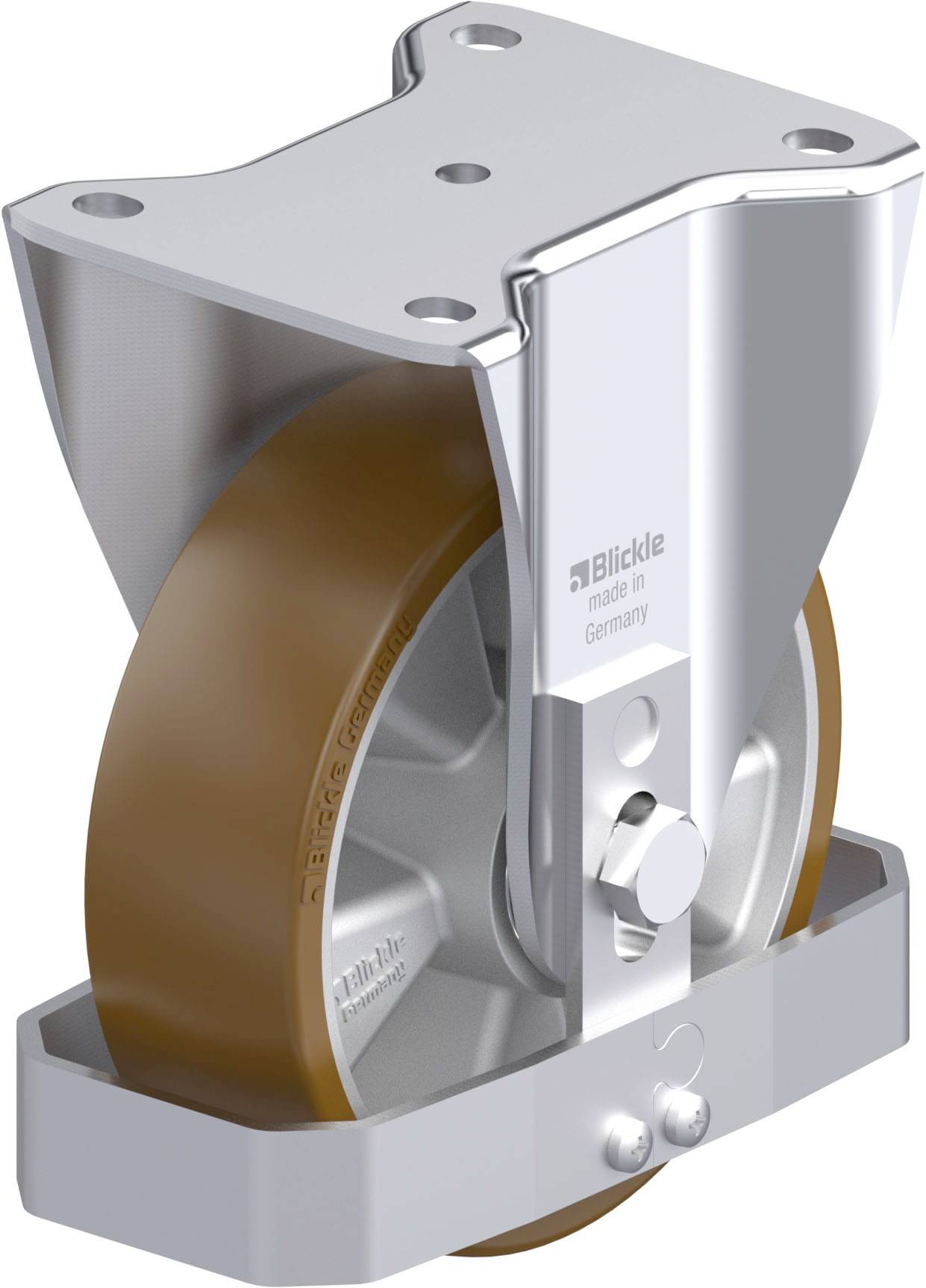 Schwenkrolle aus Metall mit braunem Rad und Halterung. Aufschrift 'Blickle made in Germany'. Geeignet für industrielle Anwendungen.