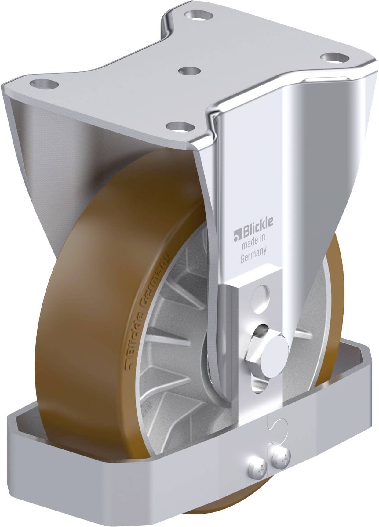 Rolle mit Metallhalterung, geeignet für schwere Lasten, Aufschrift 'Blickle made in Germany', robustes Design, braunes Rad.