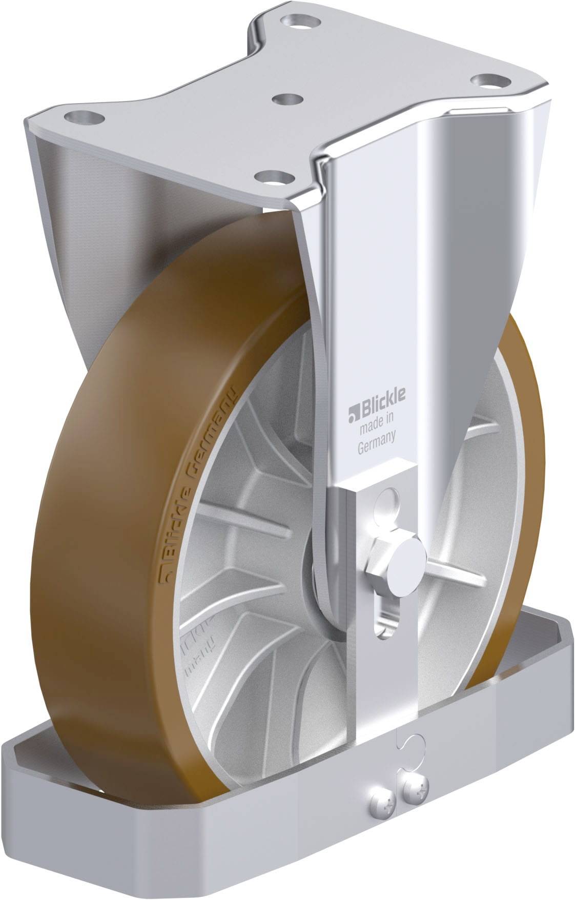 Ein einzelnes Schwerlast-Lenkrolle mit braunem Rad und silbernem Gehäuse, geeignet für industrielle Anwendungen.