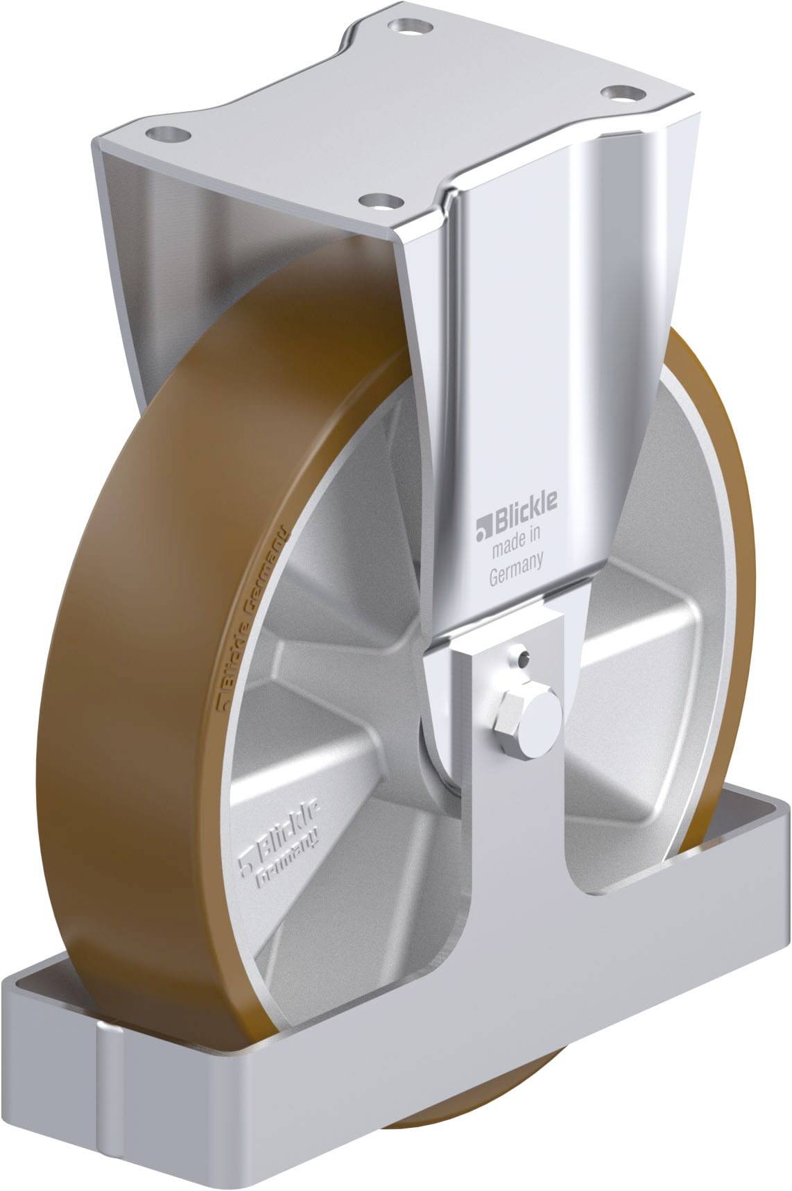 Stabiler Metall-Lenkrollenrahmen mit braunem Rad, geeignet für industrielle Anwendungen. Aufschrift 