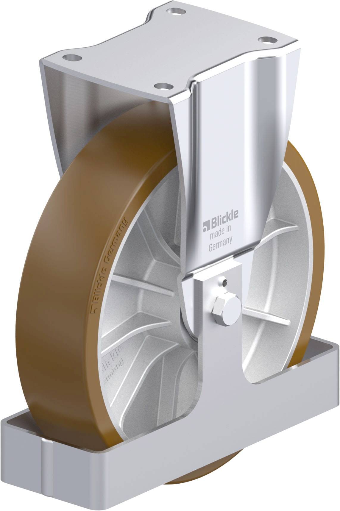 Braunes Rad mit silbernem Metallgehäuse, Aufdruck 'Blickle Made in Germany'. Verwendet für Transport oder industrielle Anwendungen.