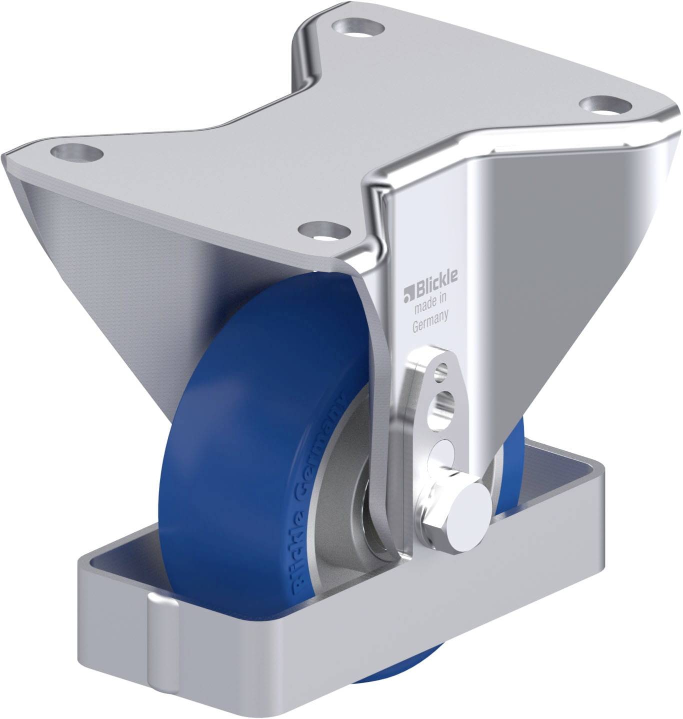 Industrie-Bodenrolle mit blauer, runder Lauffläche und Metallgehäuse, geeignet für schwere Lasten. Gehäuse mit 'Blickle' Aufschrift.