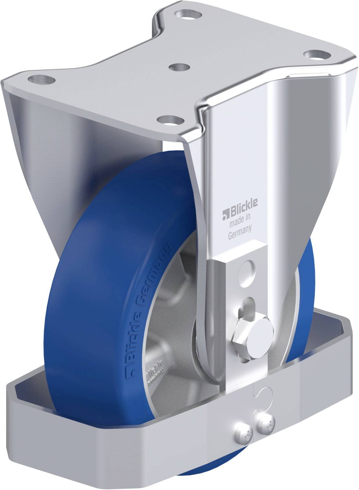 Industrie-Rolle mit blauem Rad aus Gummi, silbernem Metallgehäuse und Montageplatte, geeignet für schwere Lasten.