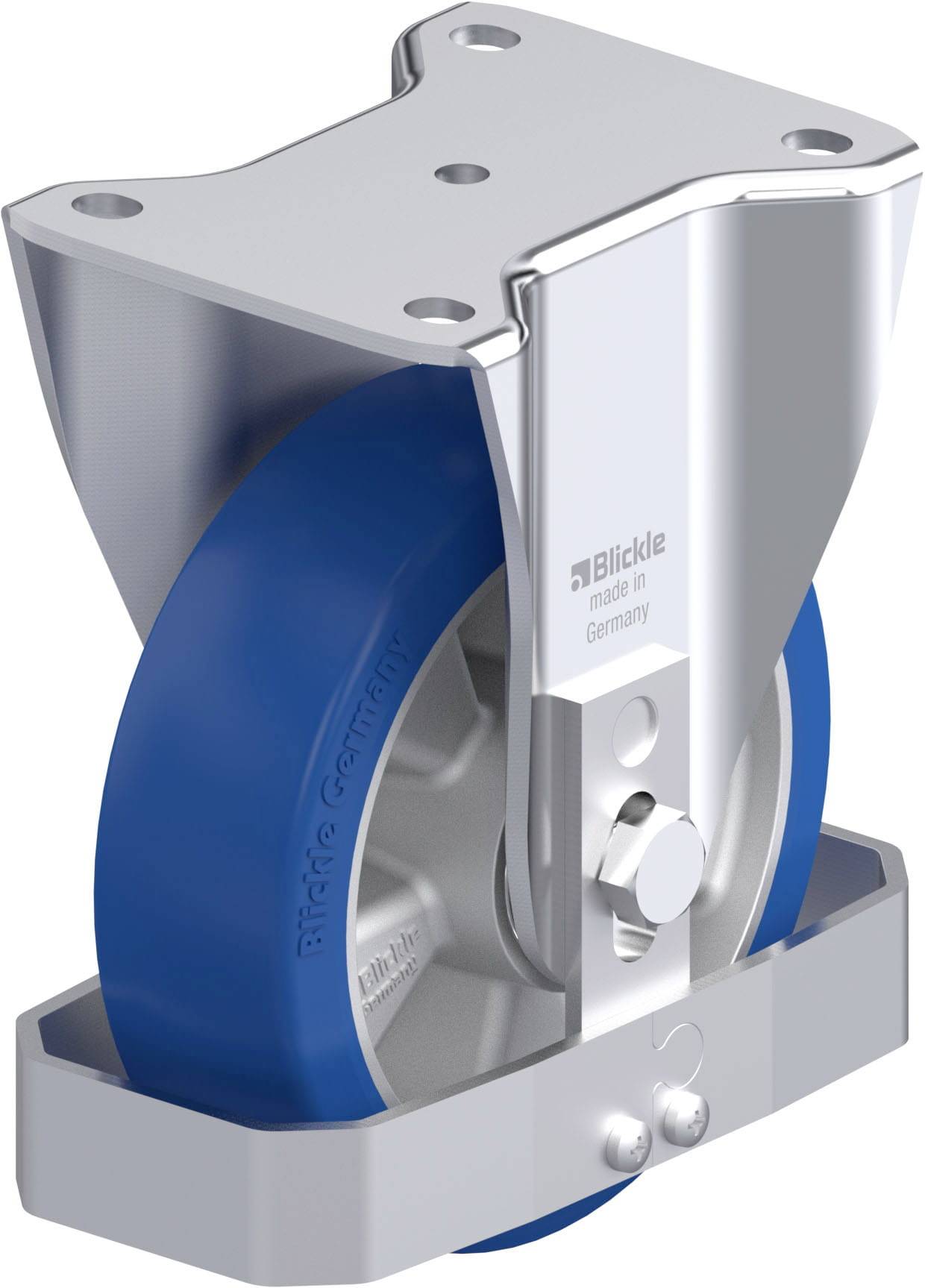 Industrielle Rolle mit blauem Rad und silbernem Gehäuse, Aufdruck 'Blickle made in Germany'.